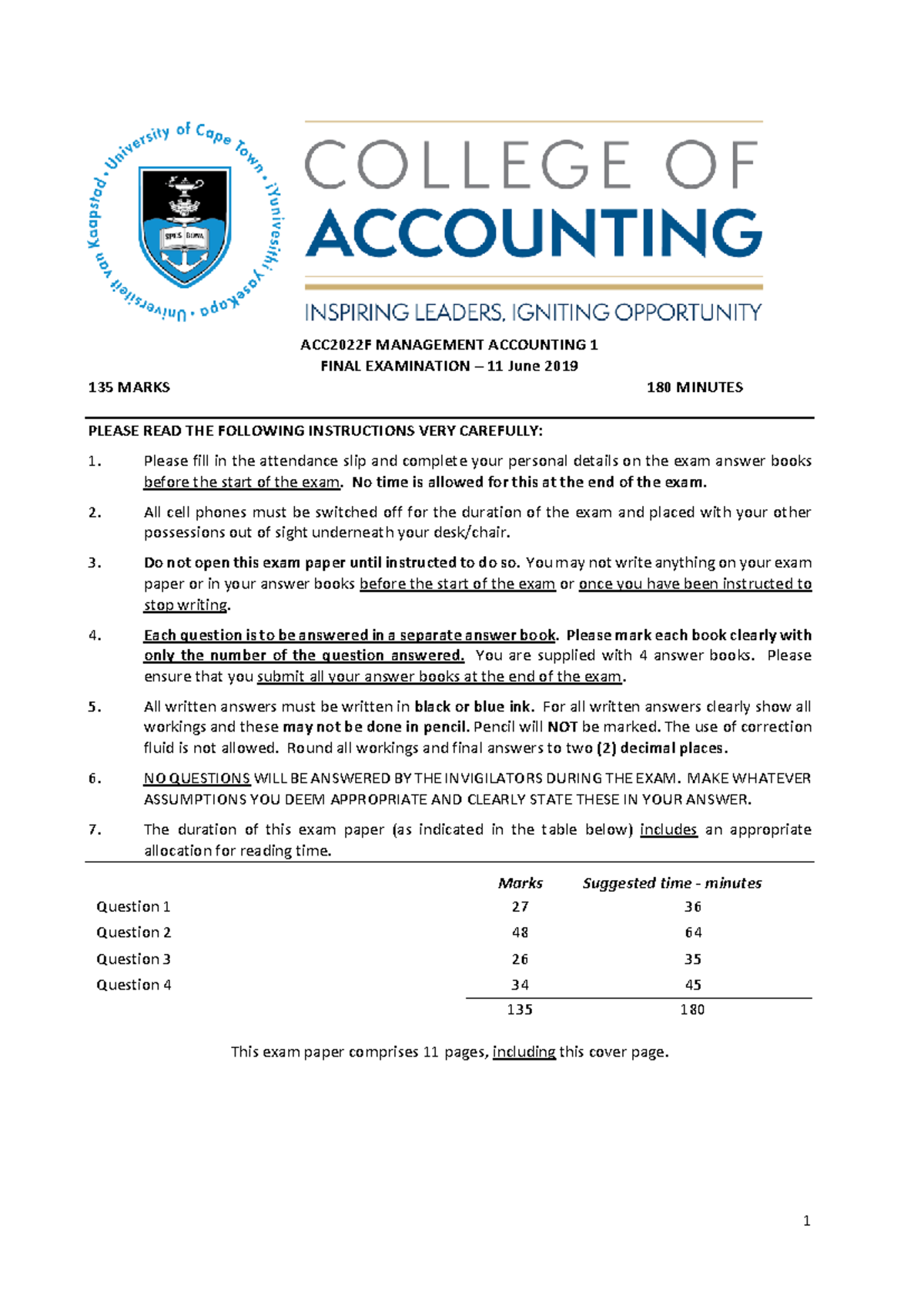 2019 Management Accounting June Exam (practice paper) - ACC2022F ...