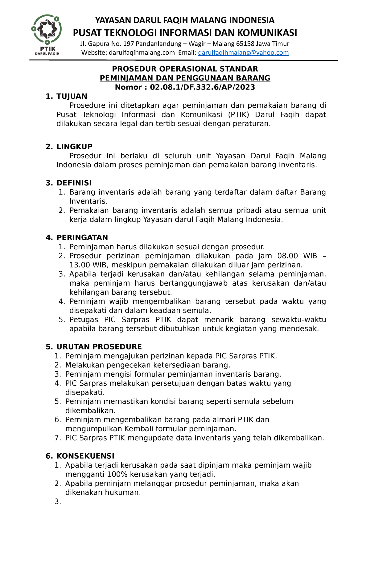 Prosedur Operasional Standar - YAYASAN DARUL FAQIH MALANG INDONESIA ...