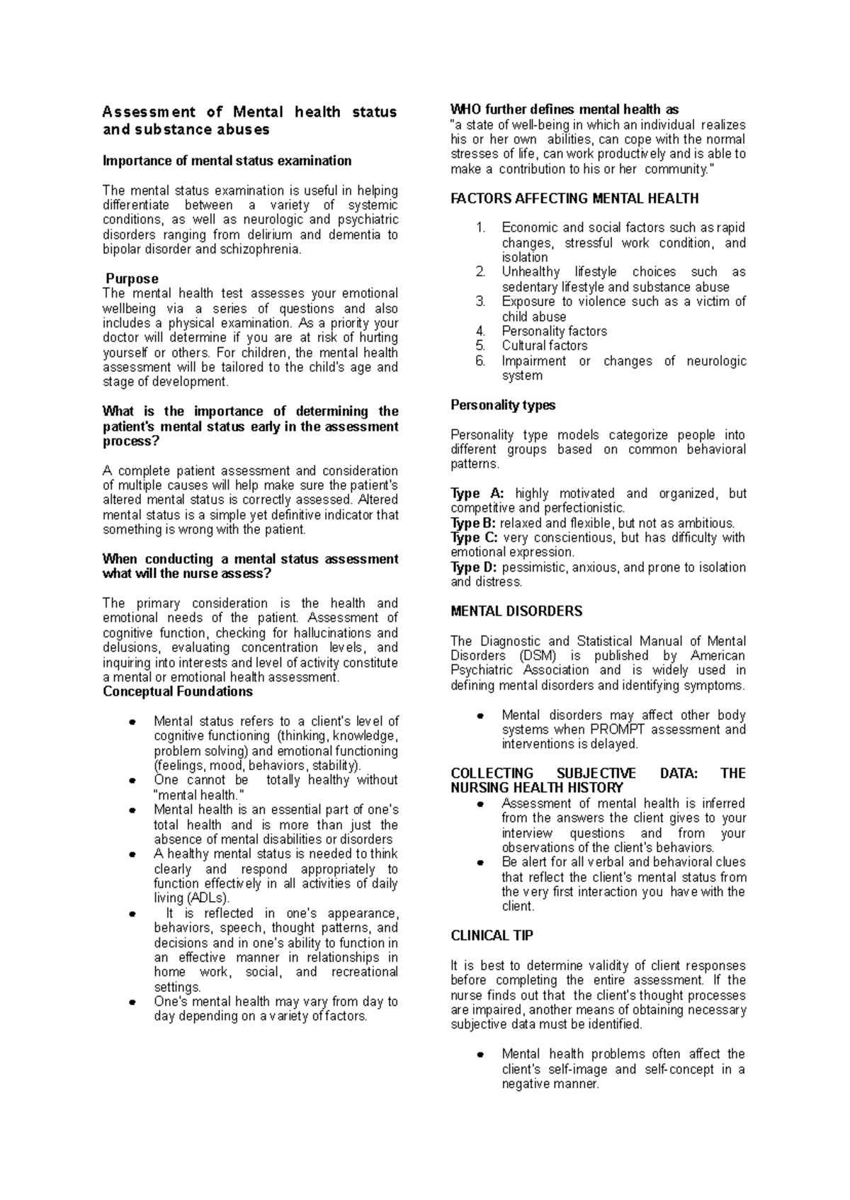 Assessment of Mental health status and substance abuses - Assessment of ...