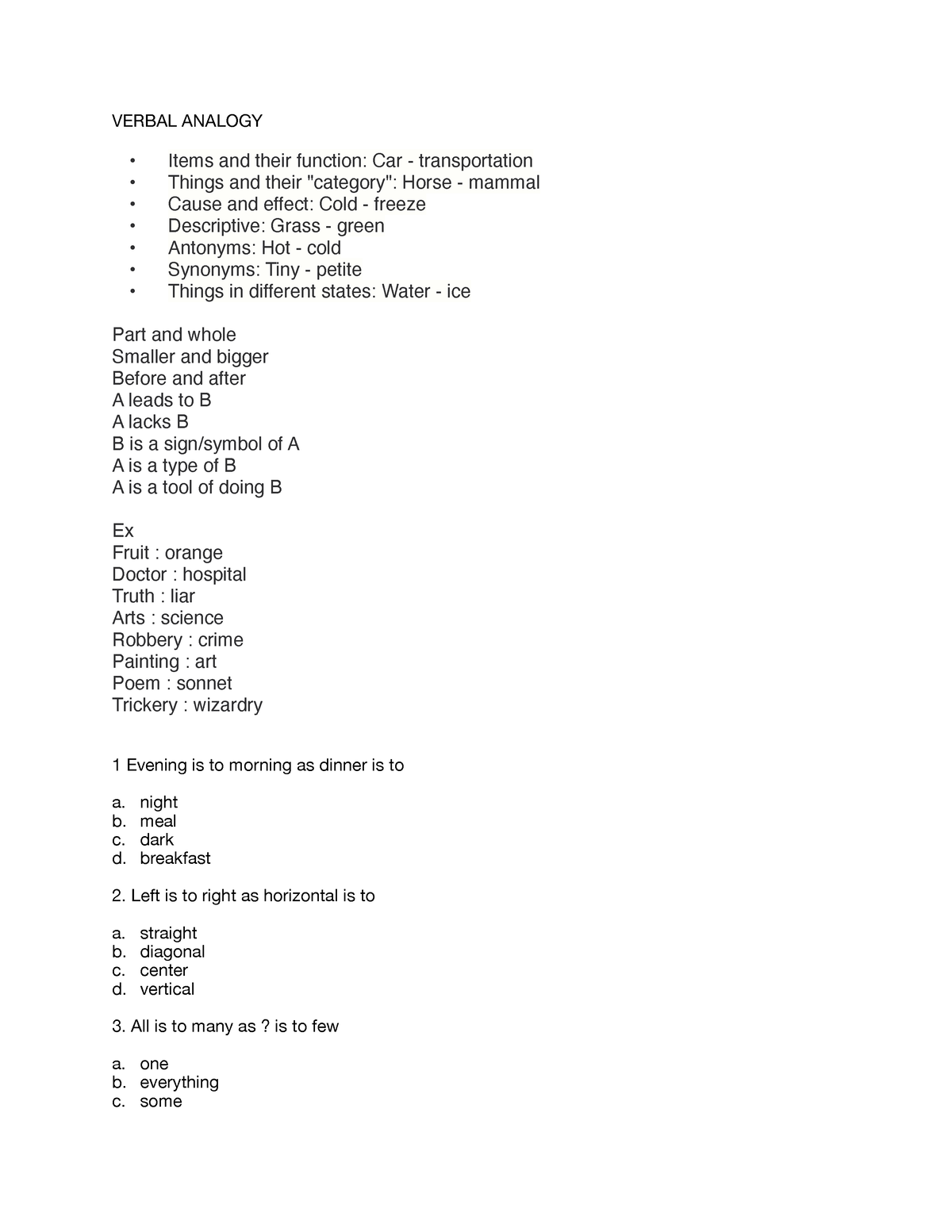 DIY Verbal Analogy - Practice Test - VERBAL ANALOGY Items And Their ...