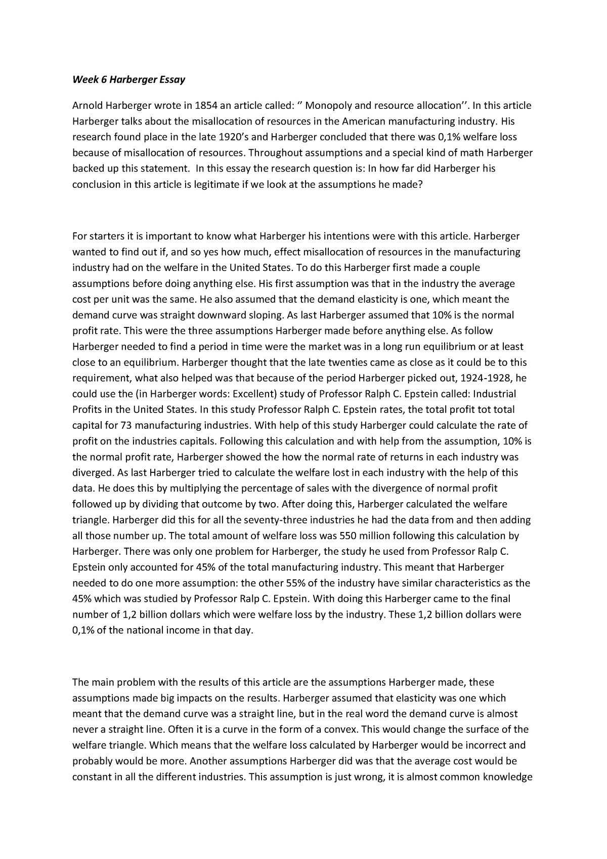 Essay Harberger - Cijfer: 6,5 - Week 6 Harberger Essay Arnold Harberger ...