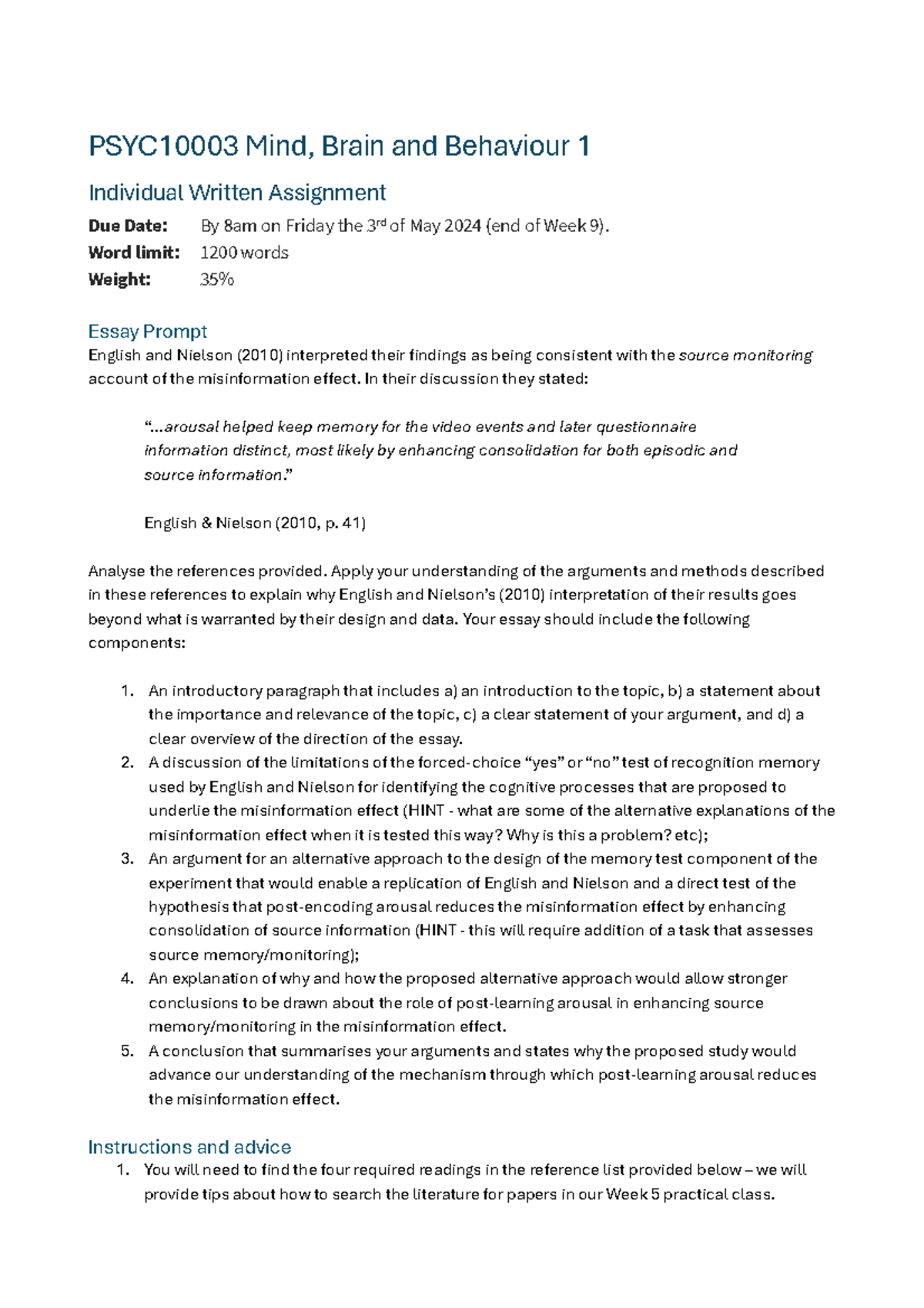PSYC10003 Assignment 2 Individual Written Assignment Instructions ...