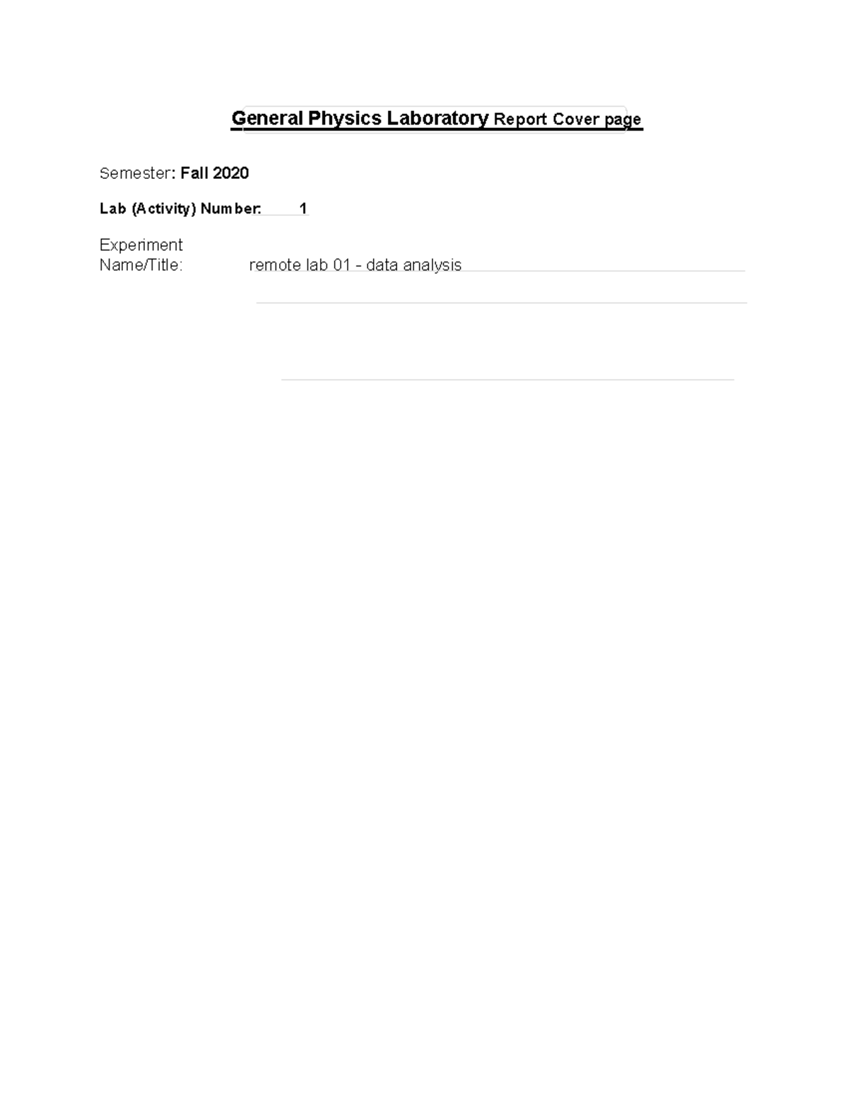 Physics Lab Report Cover Page