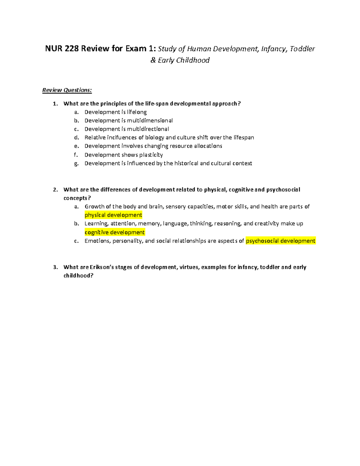 Lifespan Exam 1 Review Completed study guide for exam 1 NUR 228