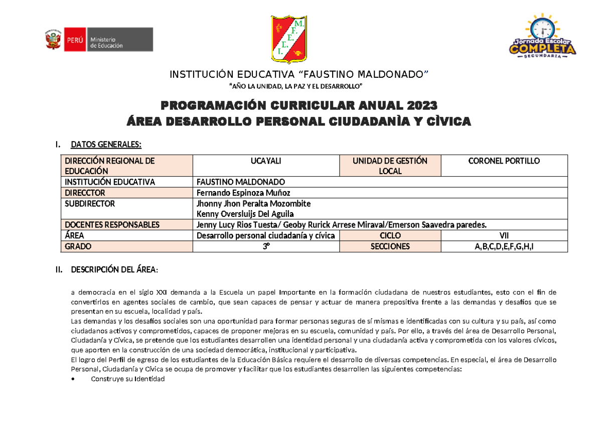 Programación Anual DPCC-3º-2023 - INSTITUCIÓN EDUCATIVA “FAUSTINO ...