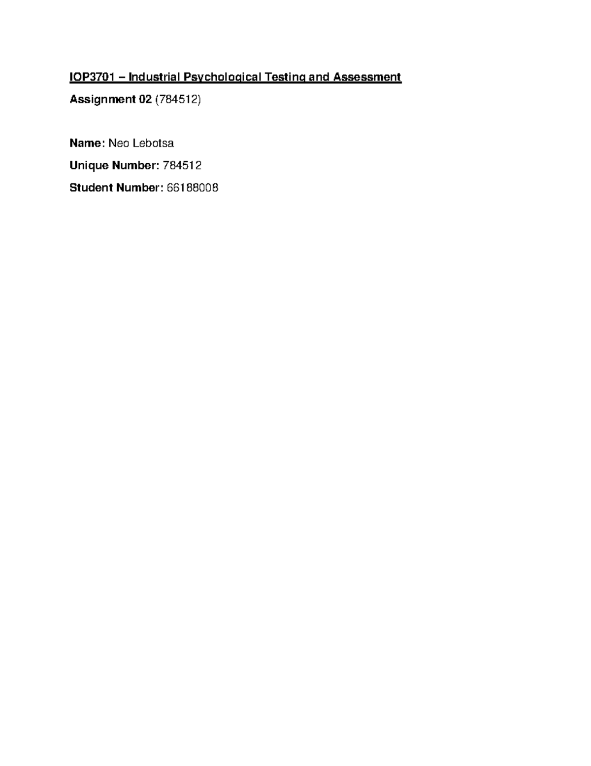 IOP3701 - Ass 02 - 784512 - IOP3701 – Industrial Psychological Testing ...