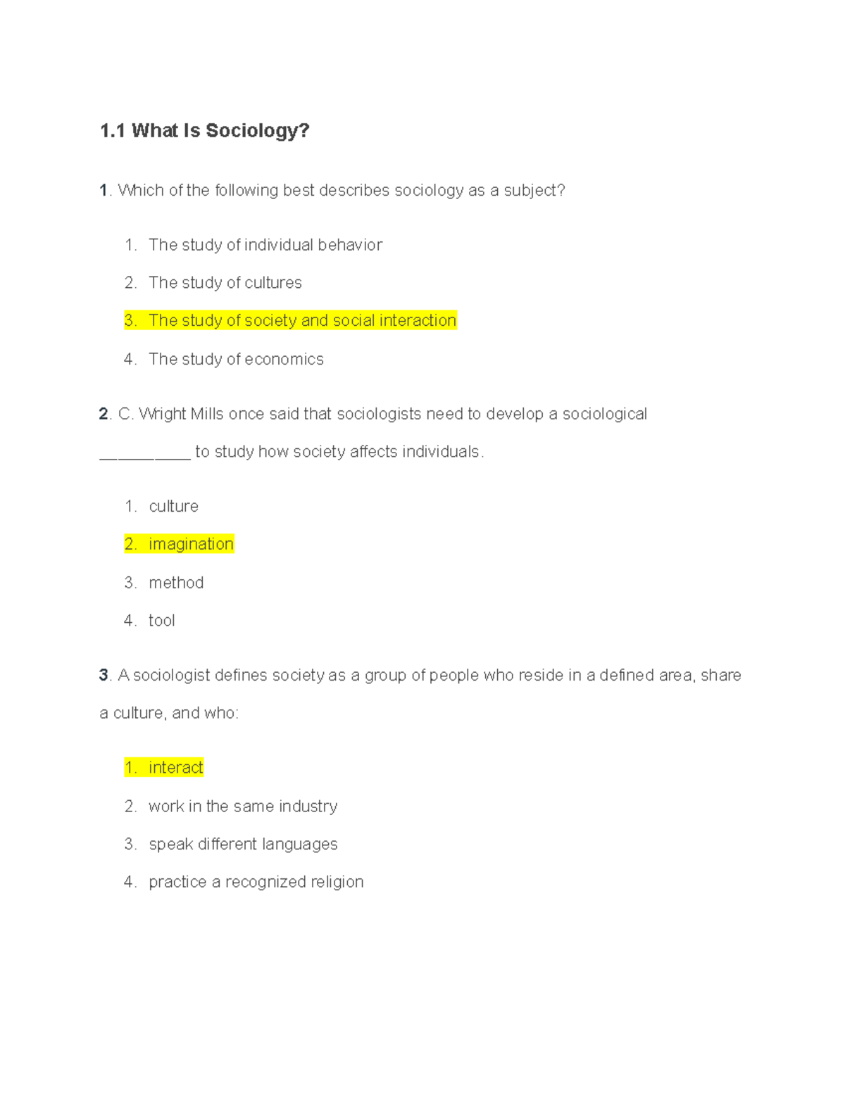 Chapter 1 Study Guide Quiz (With Answers) - 1 What Is Sociology? Which ...