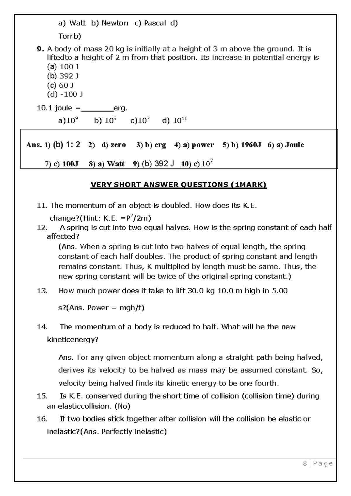 6- Class 11 - Physics - WORK Energy AND Power - 8 | P a g e Ans. 1) (b ...