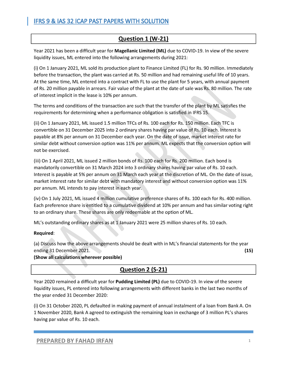 AAFR IFRS 9 IAS 32 ICAP PAST Paper WITH Solution - Question 1 (W-21 ...