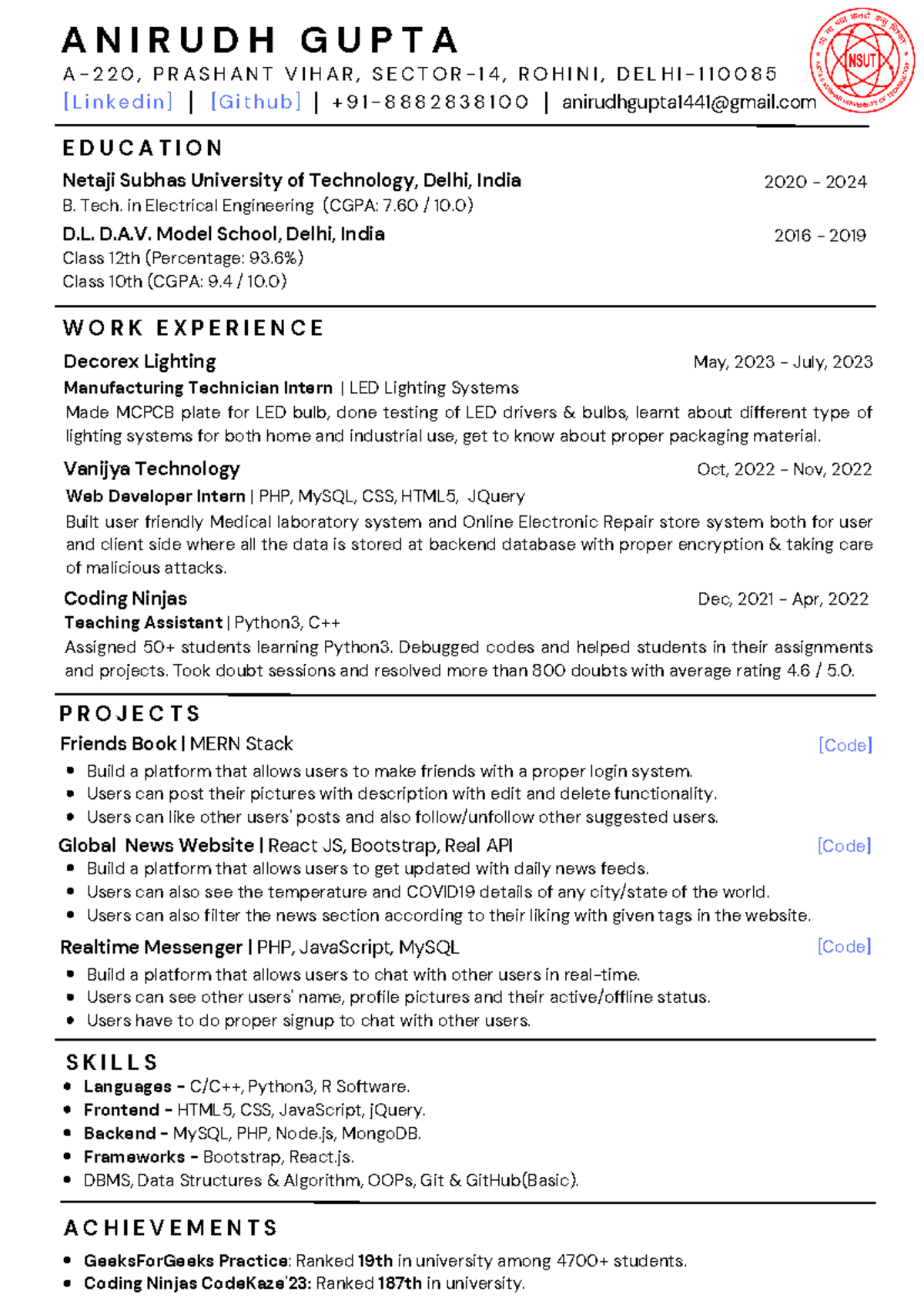 Anirudh Gupta 2020UEE4520 A 2 2 0 , P R A S H A N T V I H A R , S E