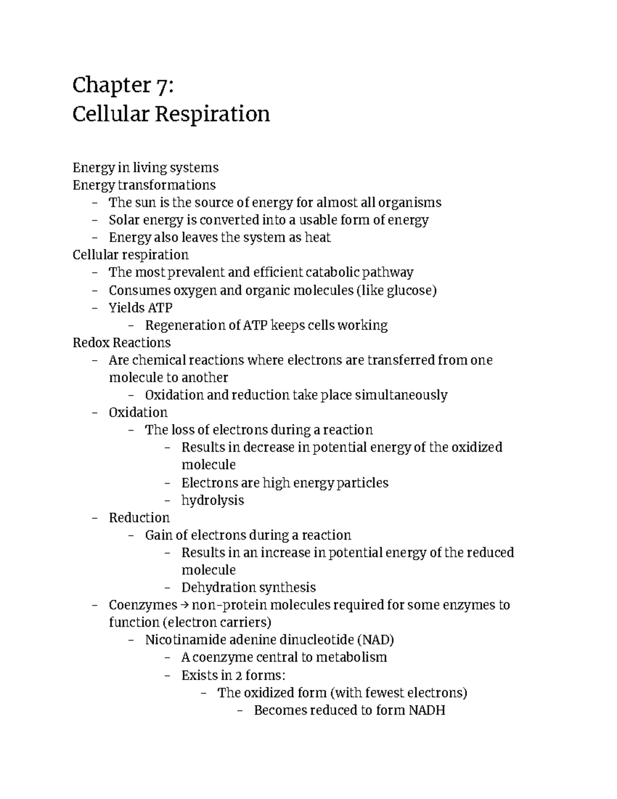 Bio notes chapter 7 - Chapter 7: Cellular Respiration Energy in living ...