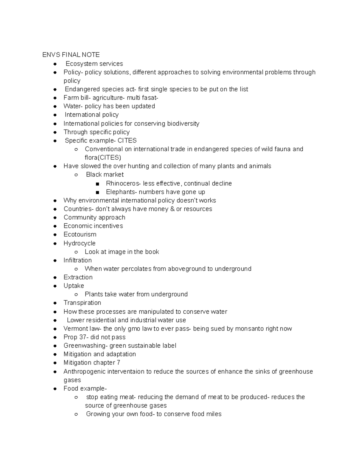 Envs 137 final review - ENVS FINAL NOTE Ecosystem services Policy ...