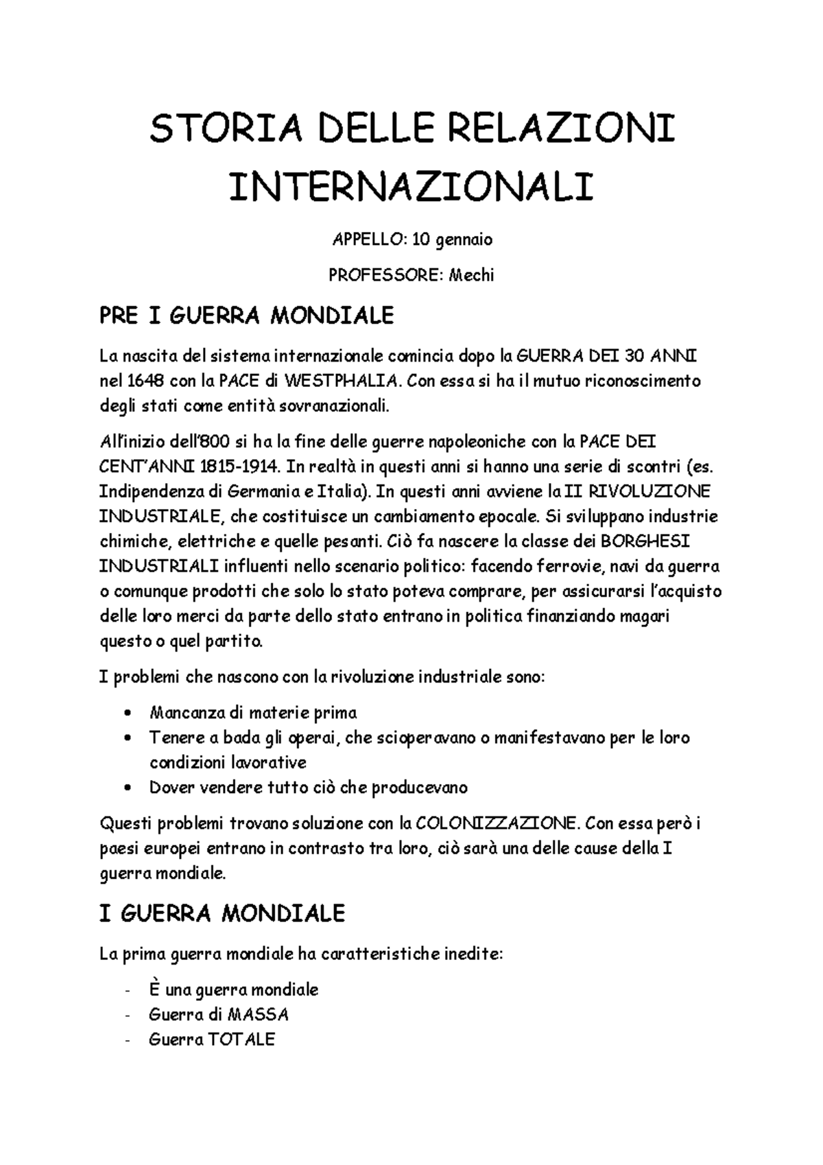 Appunti storia delle relazioni internazionali STORIA DELLE RELAZIONI