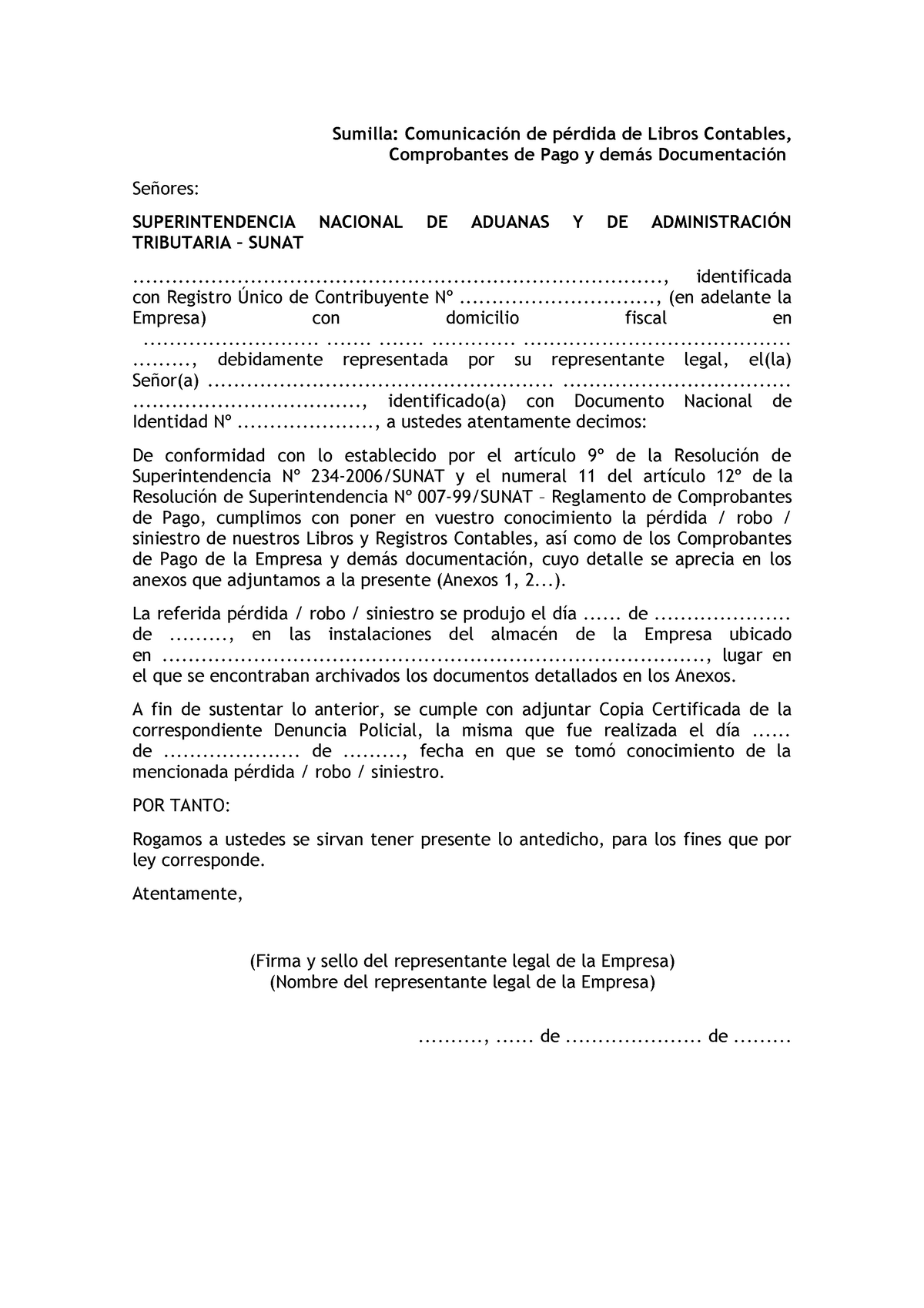 Carta a Sunat comunicando perdida documentos [Todo Documentos - Sumilla:  Comunicación de pérdida de - Studocu