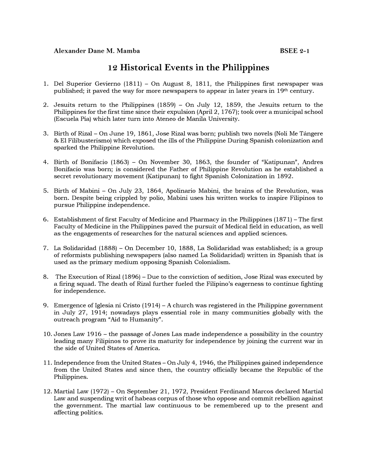 12 historical events in the philippines Electrical Engineering PLV