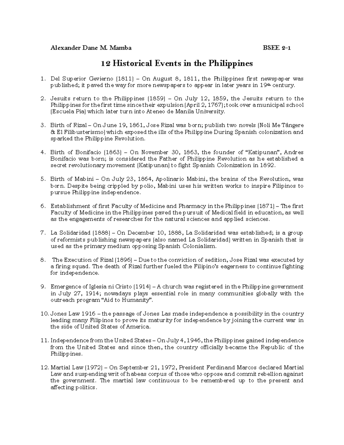 12 Historical Events In The Philippines Electrical Engineering PLV 