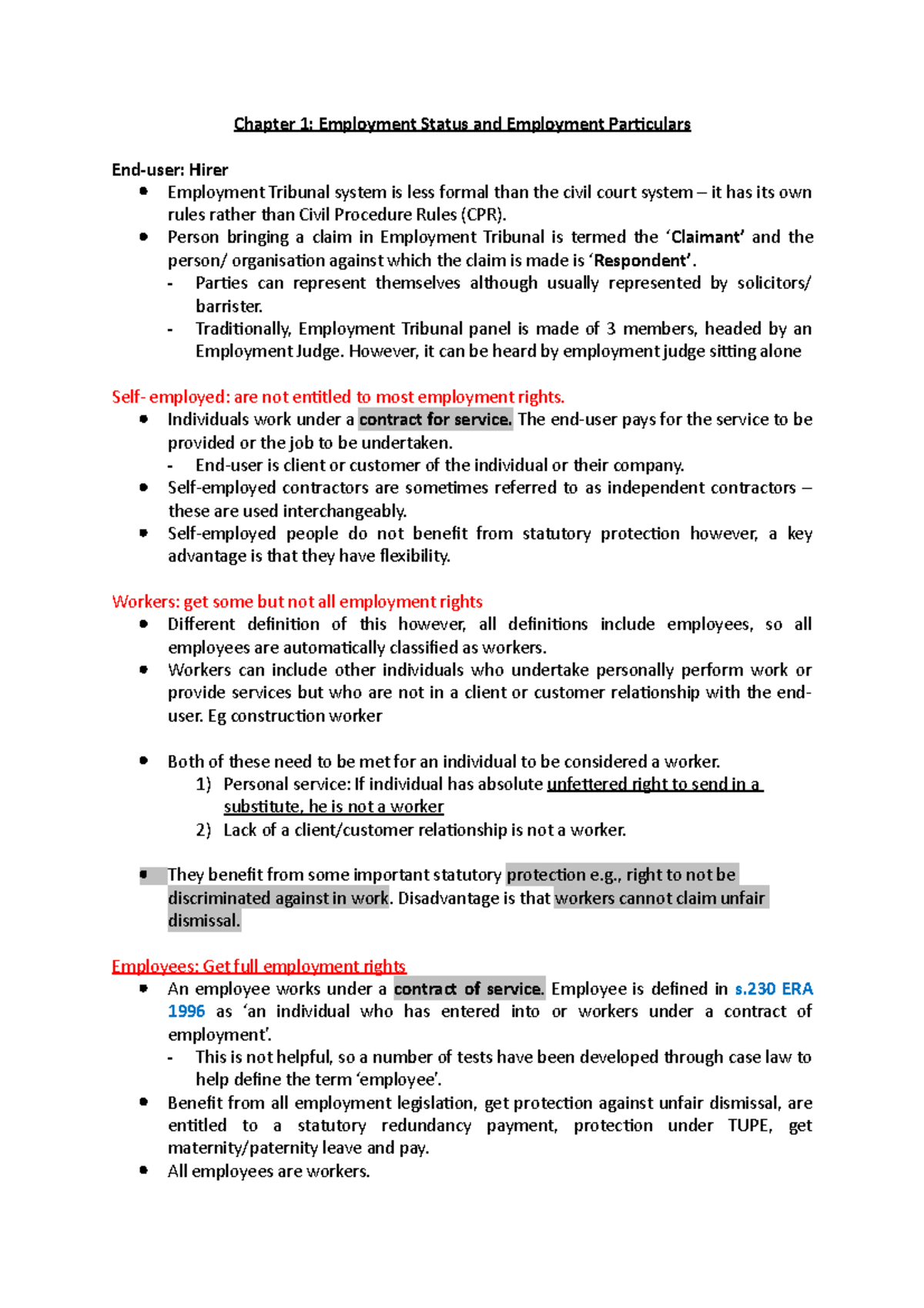 Employment law chapter 1 and 2 - helpful - Chapter 1: Employment Status ...