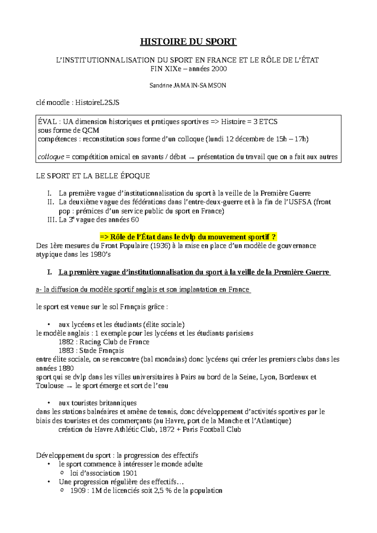 L’INSTITUTIONNALISATION DU SPORT EN FRANCE ET LE RÔLE DE L’ÉTAT ...