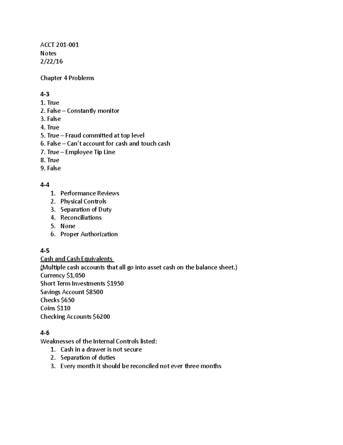 ACCT 201 2/22/16 - ACCT 201-001 Notes 2/22/16 Chapter 4 Problems 4-3 1 ...