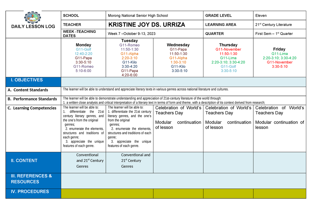 DLL-Week6Third Topic - This Is The Daily Lesson Log Used Weekly - DAILY ...