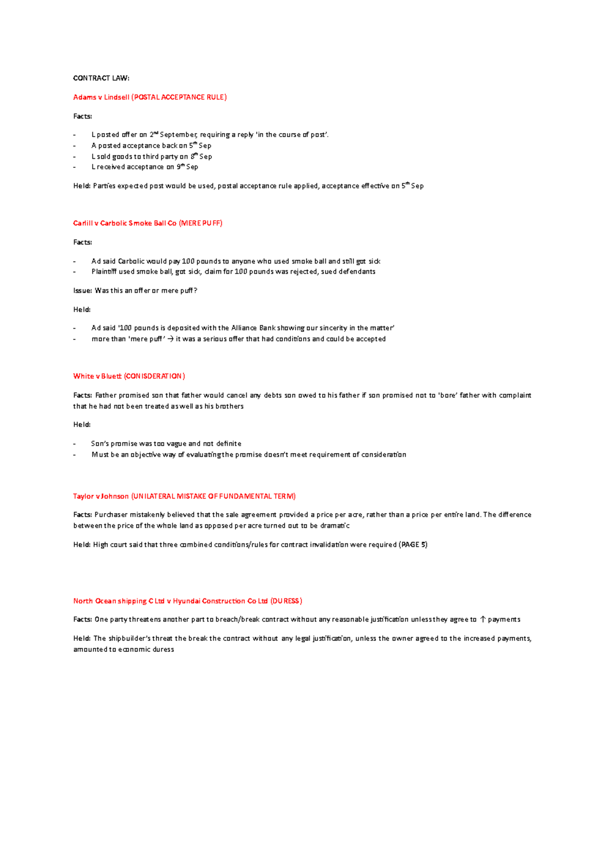 Cases - Introduction To Tort Law Notes - CONTRACT LAW: Adams V Lindsell ...