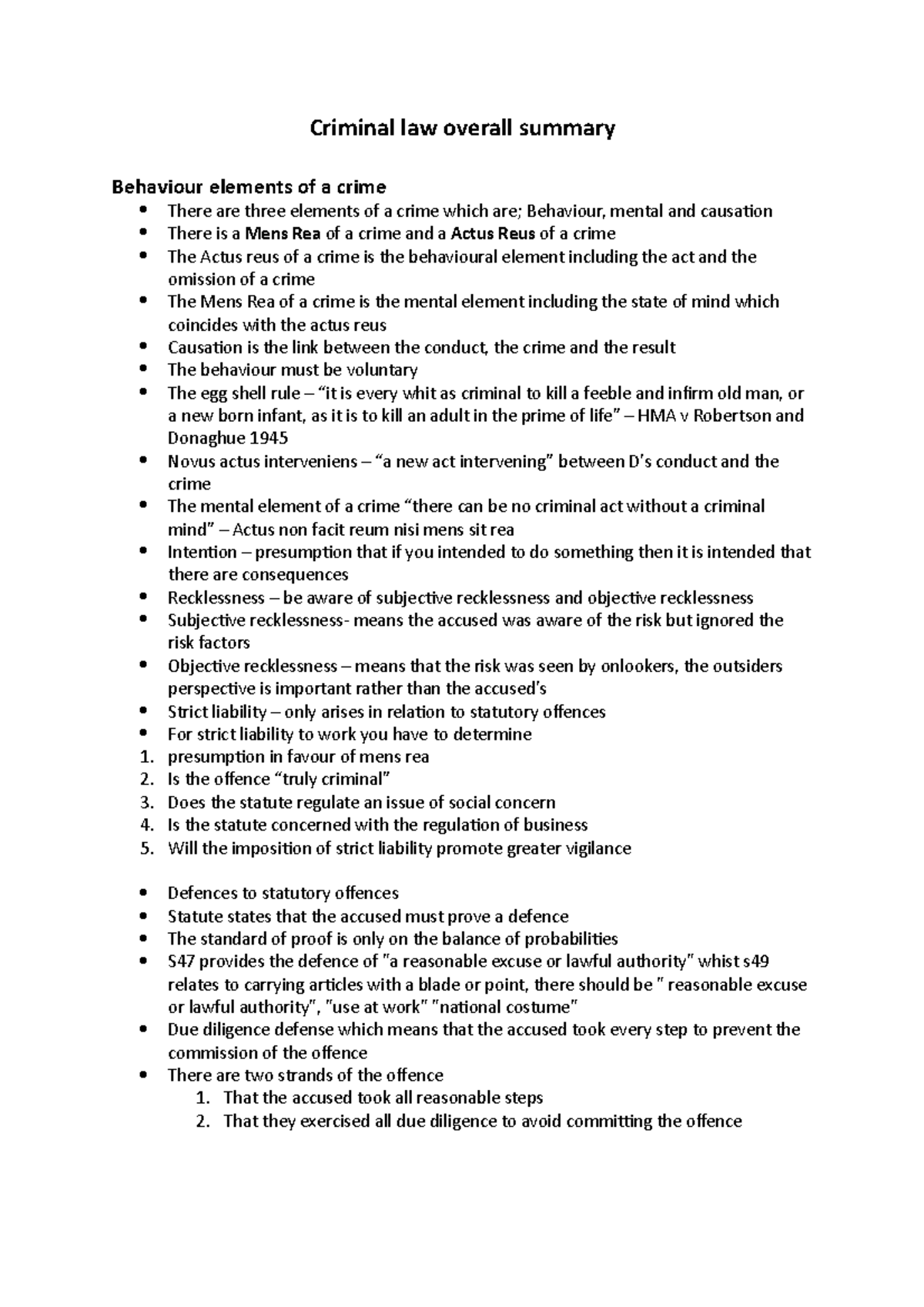 Criminal law overall summary - Criminal law overall summary Behaviour ...