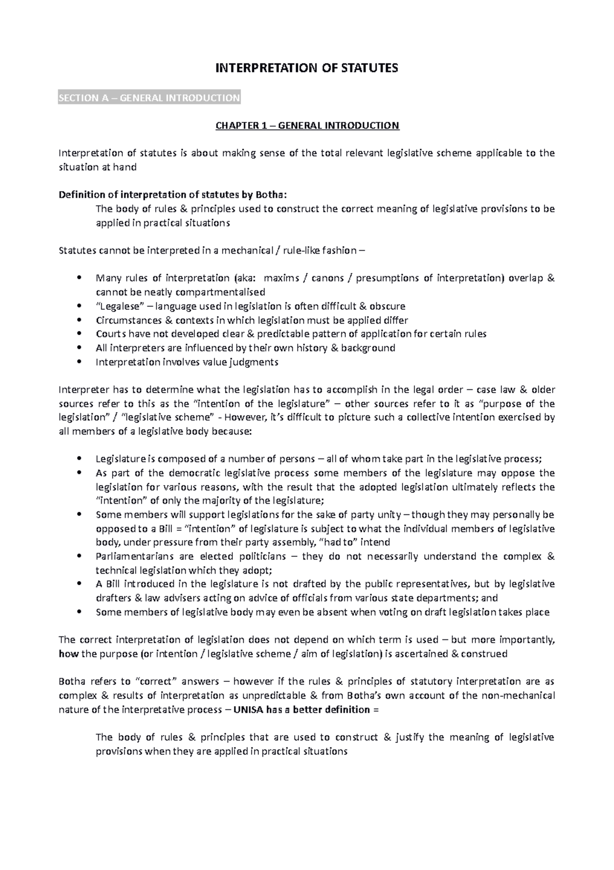 IOS2601- summary notes - INTERPRETATION OF STATUTES SECTION A – GENERAL ...