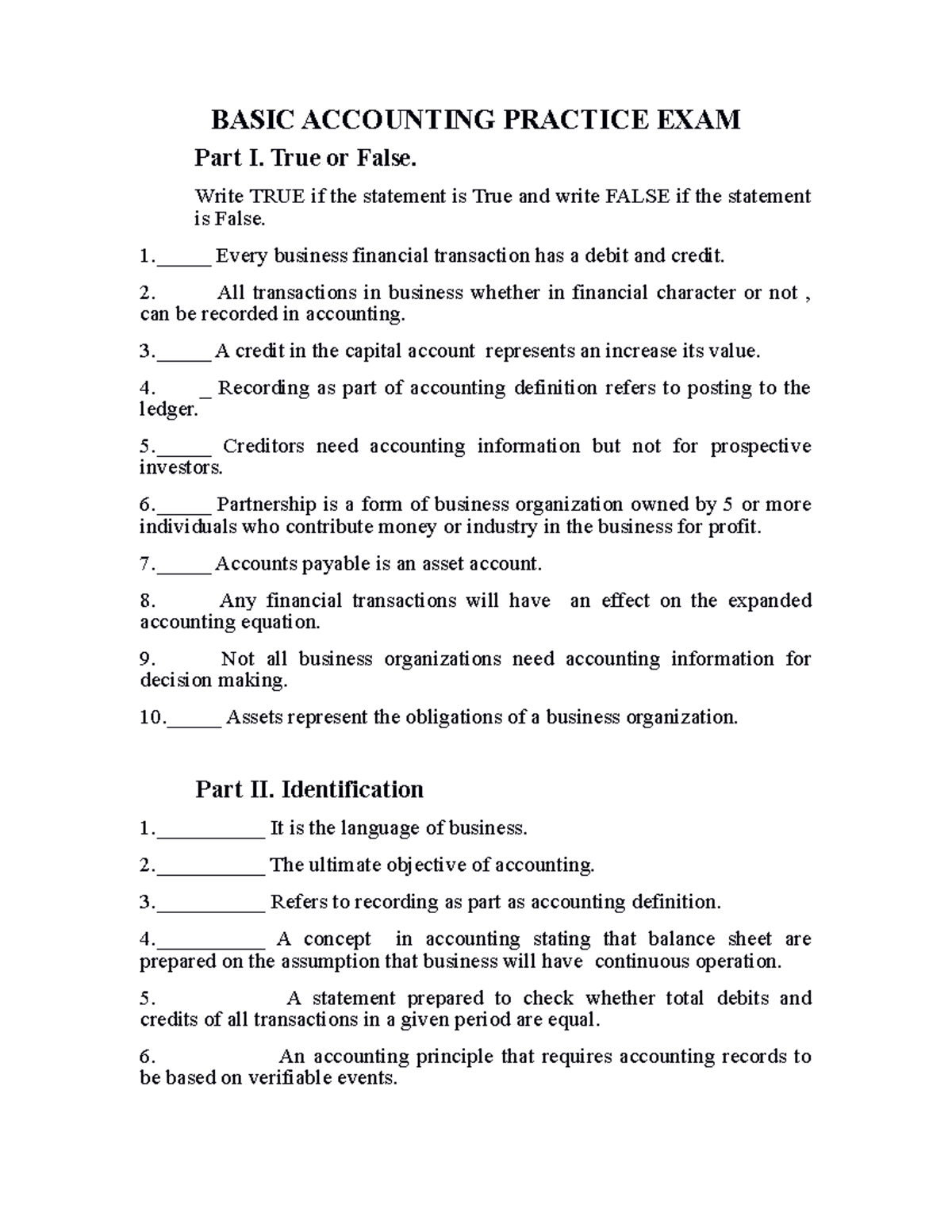 Basic Accounting Practice EXAM - BASIC ACCOUNTING PRACTICE EXAM Part I ...