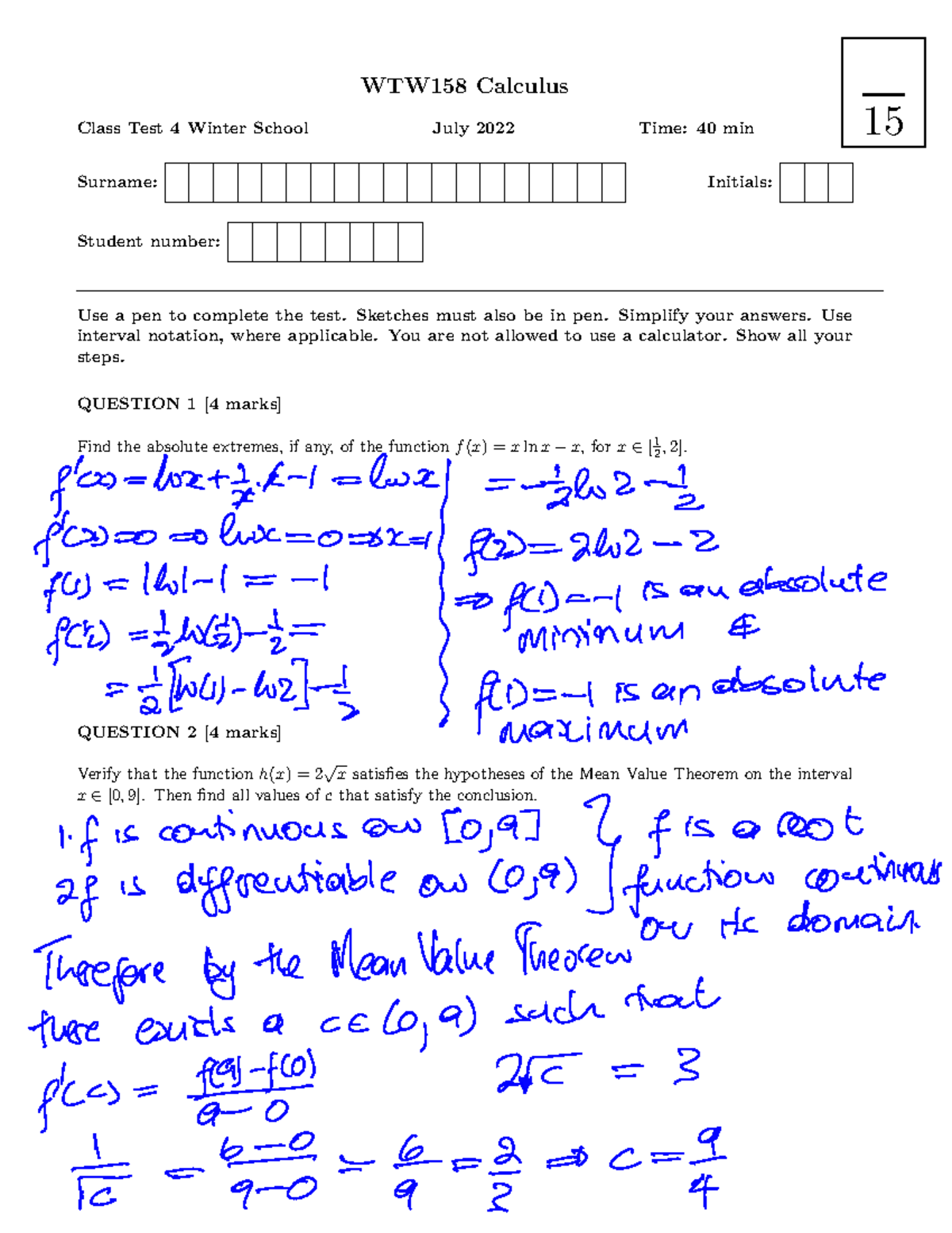 CT 4 WS Memo - Class test memos that were written in WTW 158 Winter ...