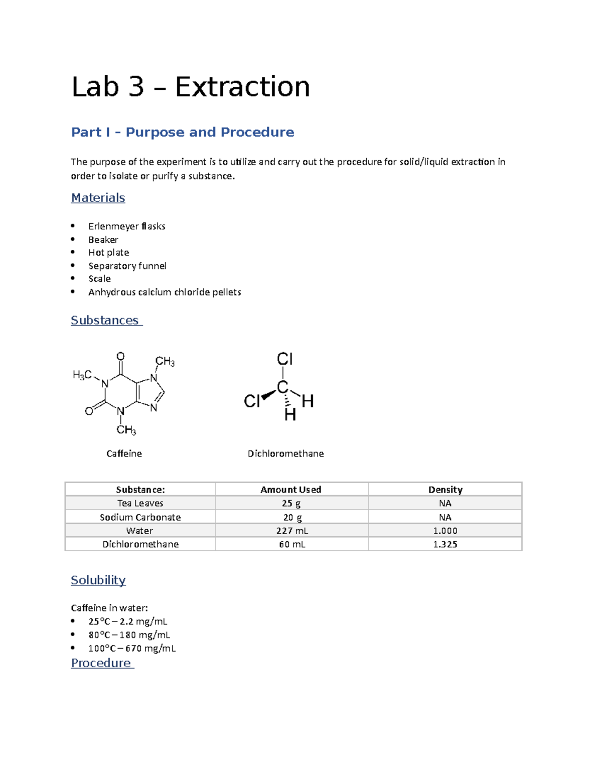 Organic Chemistry I Extraction Lab Lab 3 Extraction Part I