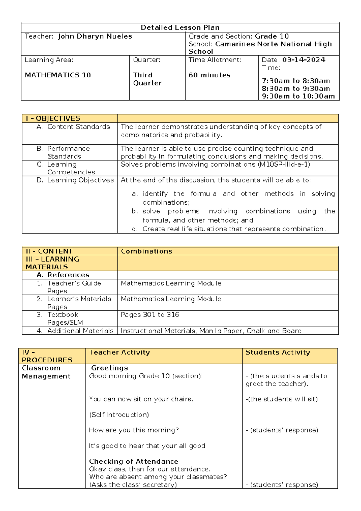Combinations Lesson Plan 03-14-2024 - I – OBJECTIVES A. Content ...