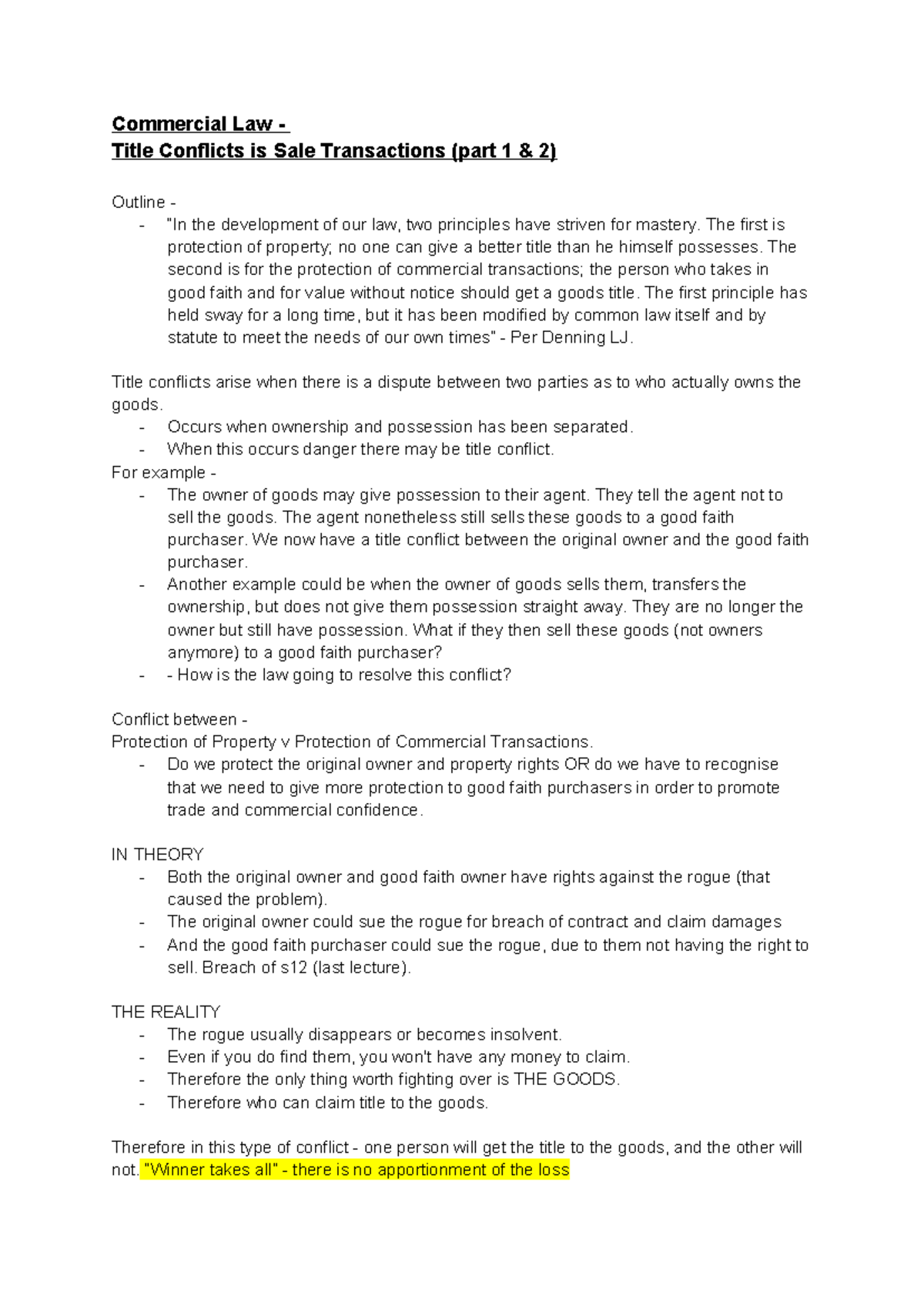 Commercial Law - Title Conflicts - The first is protection of property ...