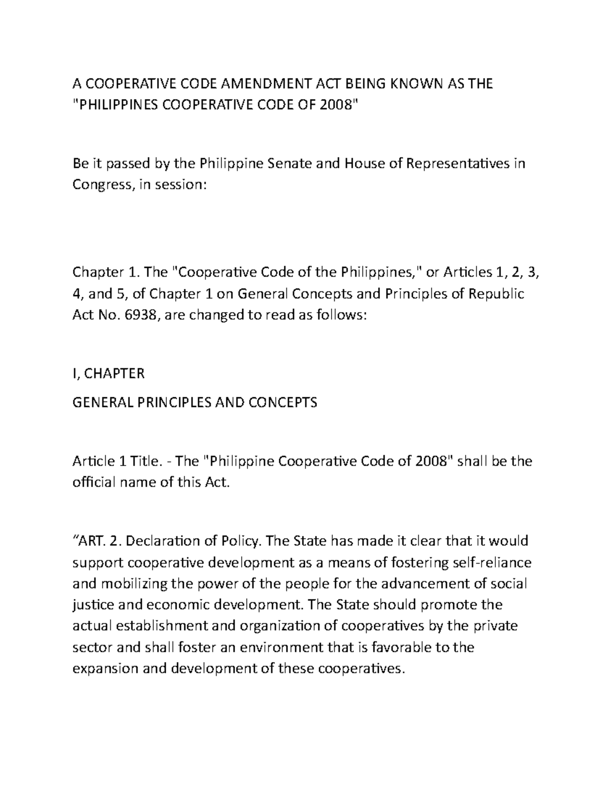 A Cooperative CODE Amendment ACT Being Known AS THE - A COOPERATIVE ...