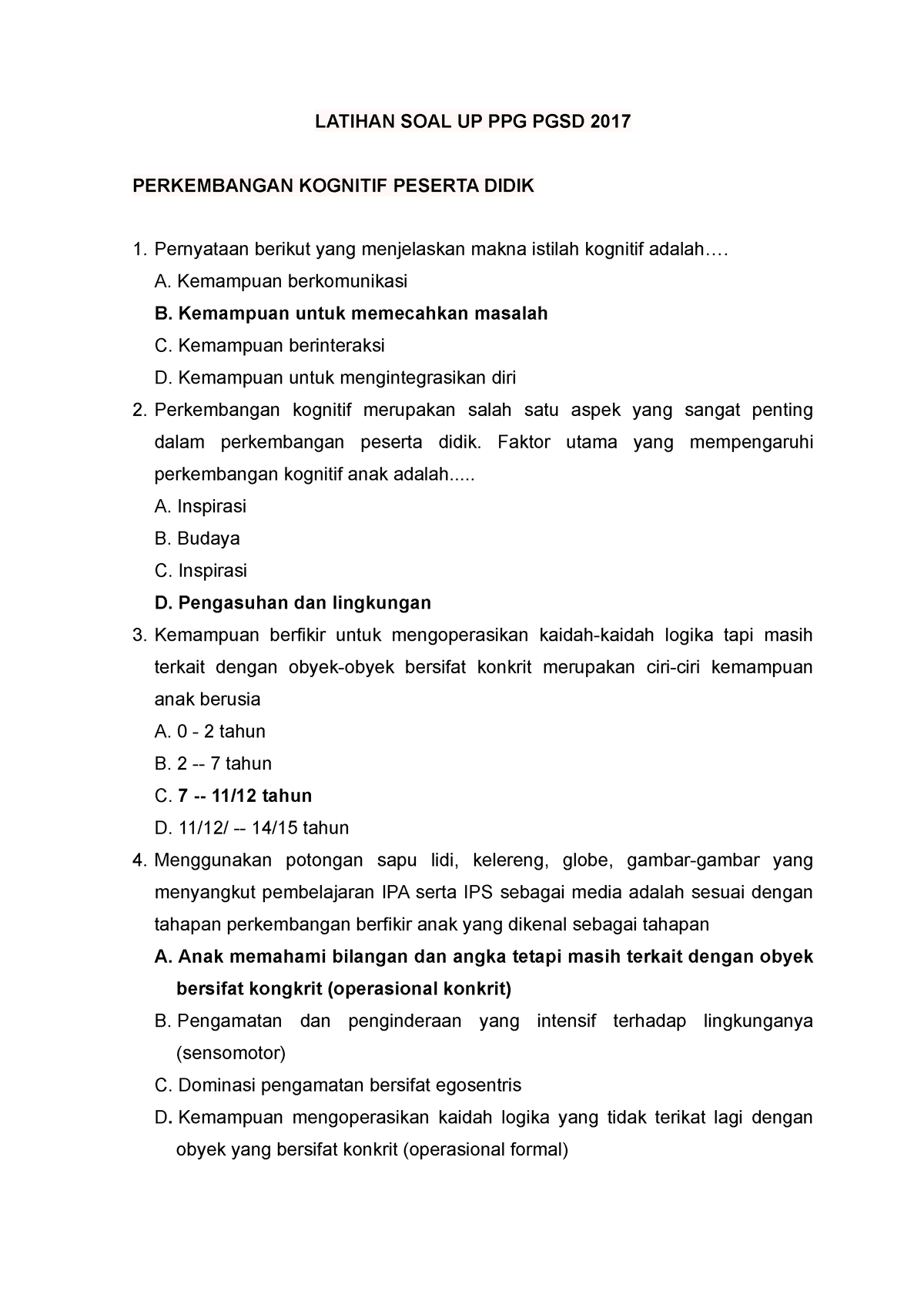 Latihan Soal Pedagogik Kunci Latihan Soal Up Ppg Pgsd