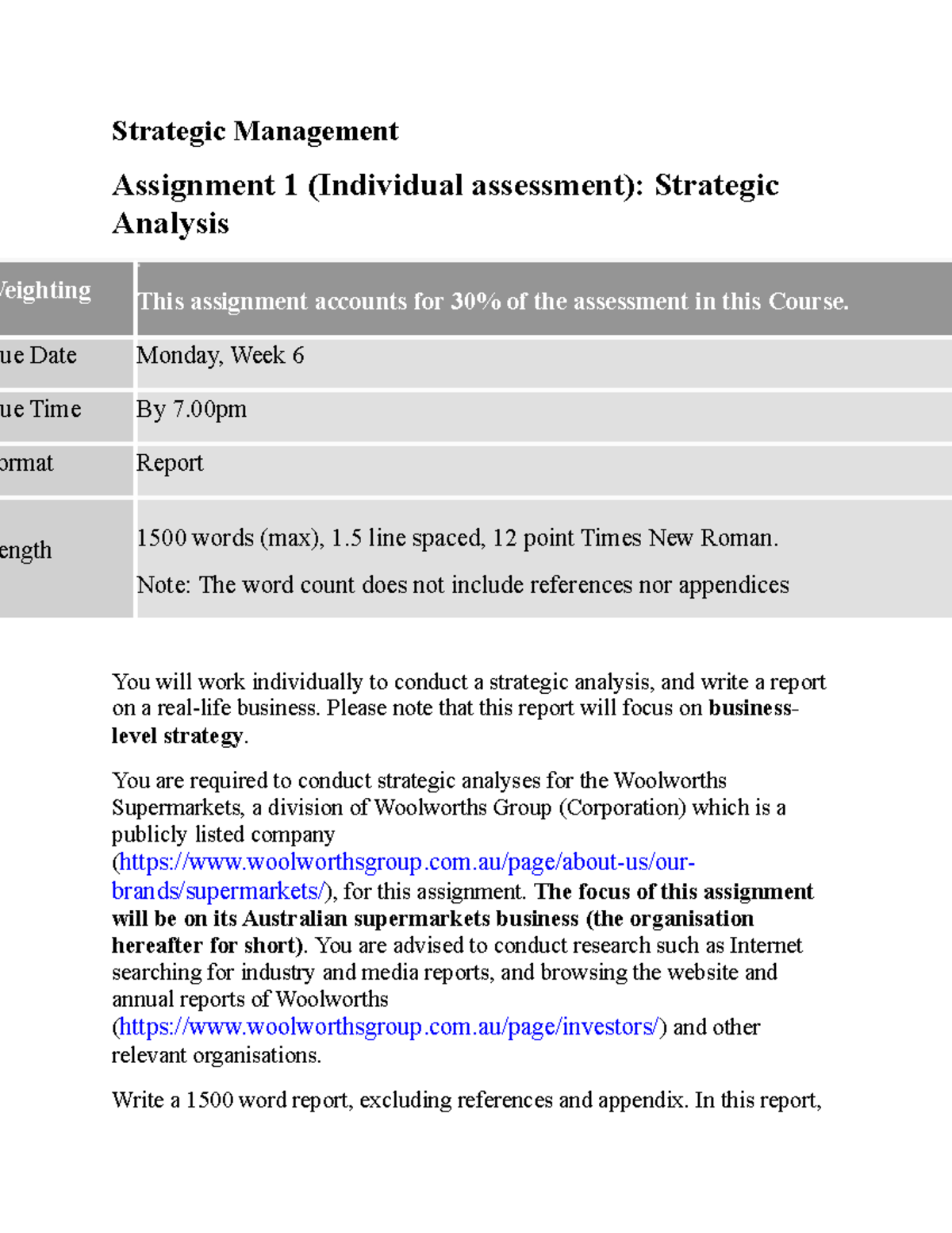 Strategic Management assignment 1 - Due Date Monday, Week 6 Due Time By ...