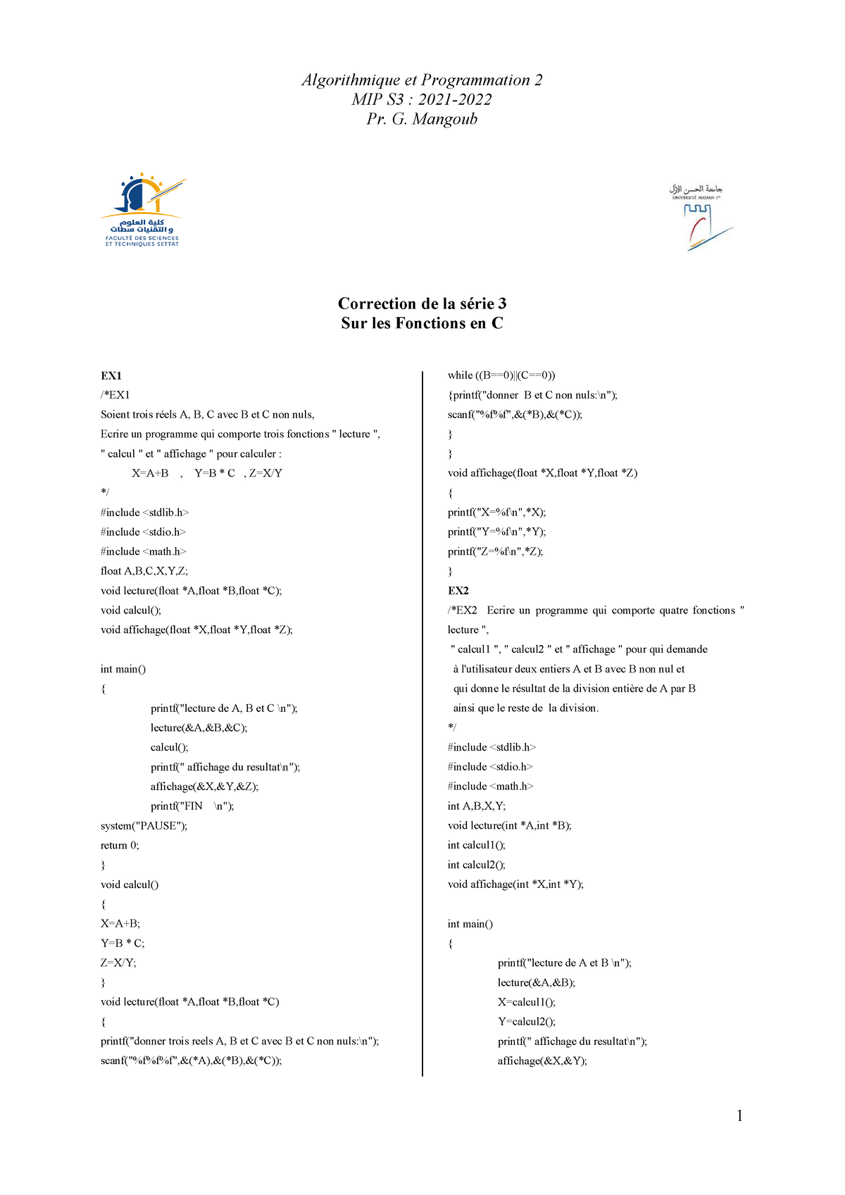 Série 3 - Algorithme Et Analyse Numérique - MIP S3 : 2021- Pr. G ...