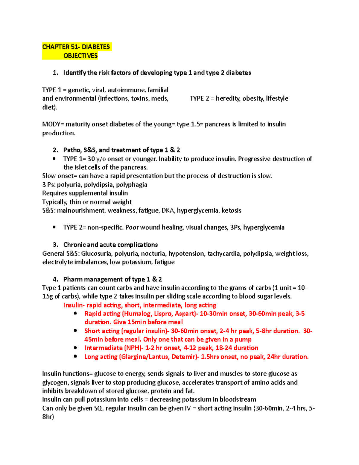 Review - summary of class notes for test 3 - CHAPTER 51- DIABETES ...