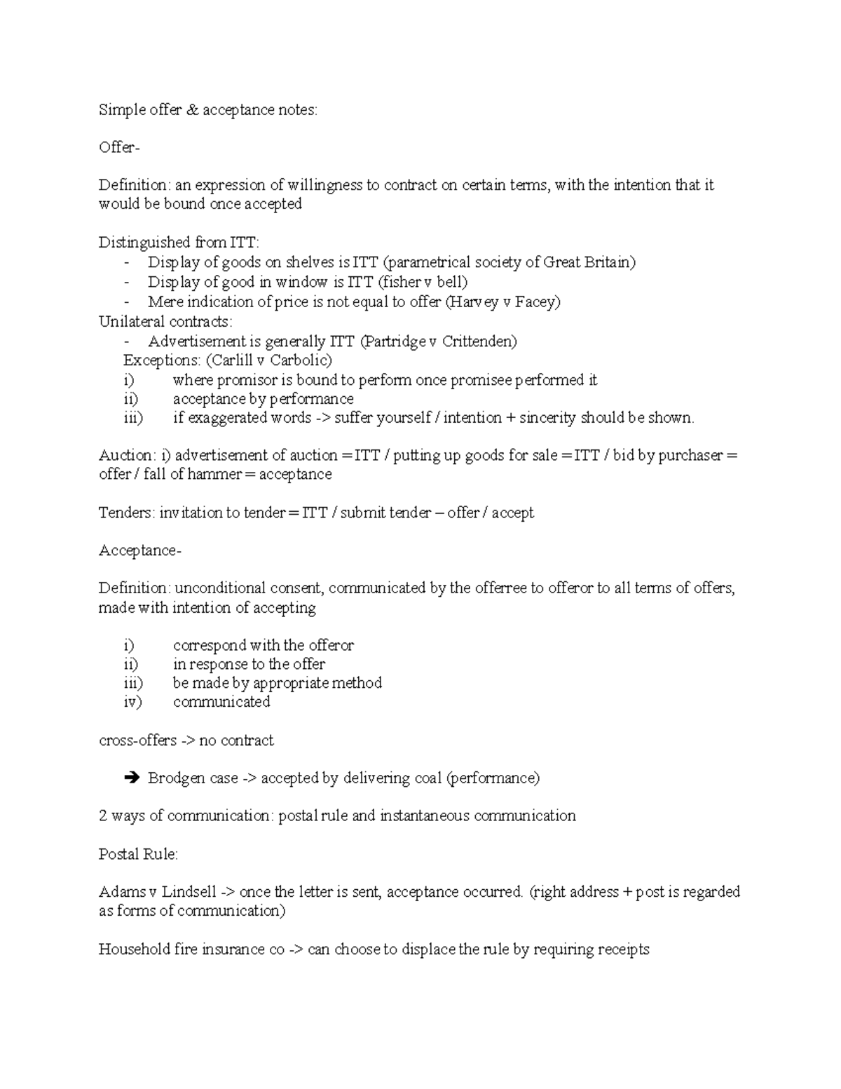 Simple offer - Exam - Simple offer & acceptance notes: Offer ...
