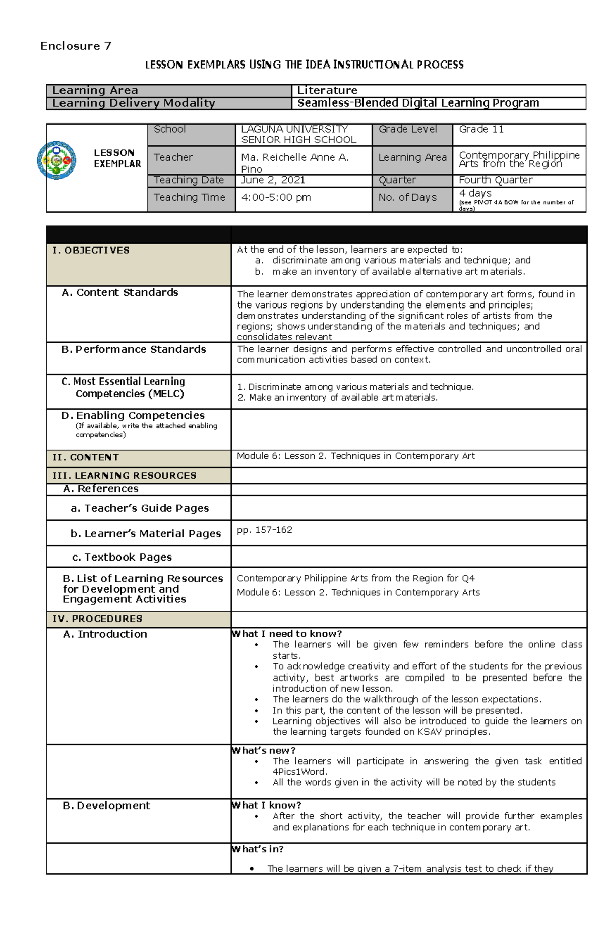 Lesson Exemplars CPAR M6 Pino - Enclosure 7 LESSON EXEMPLARS USING THE ...