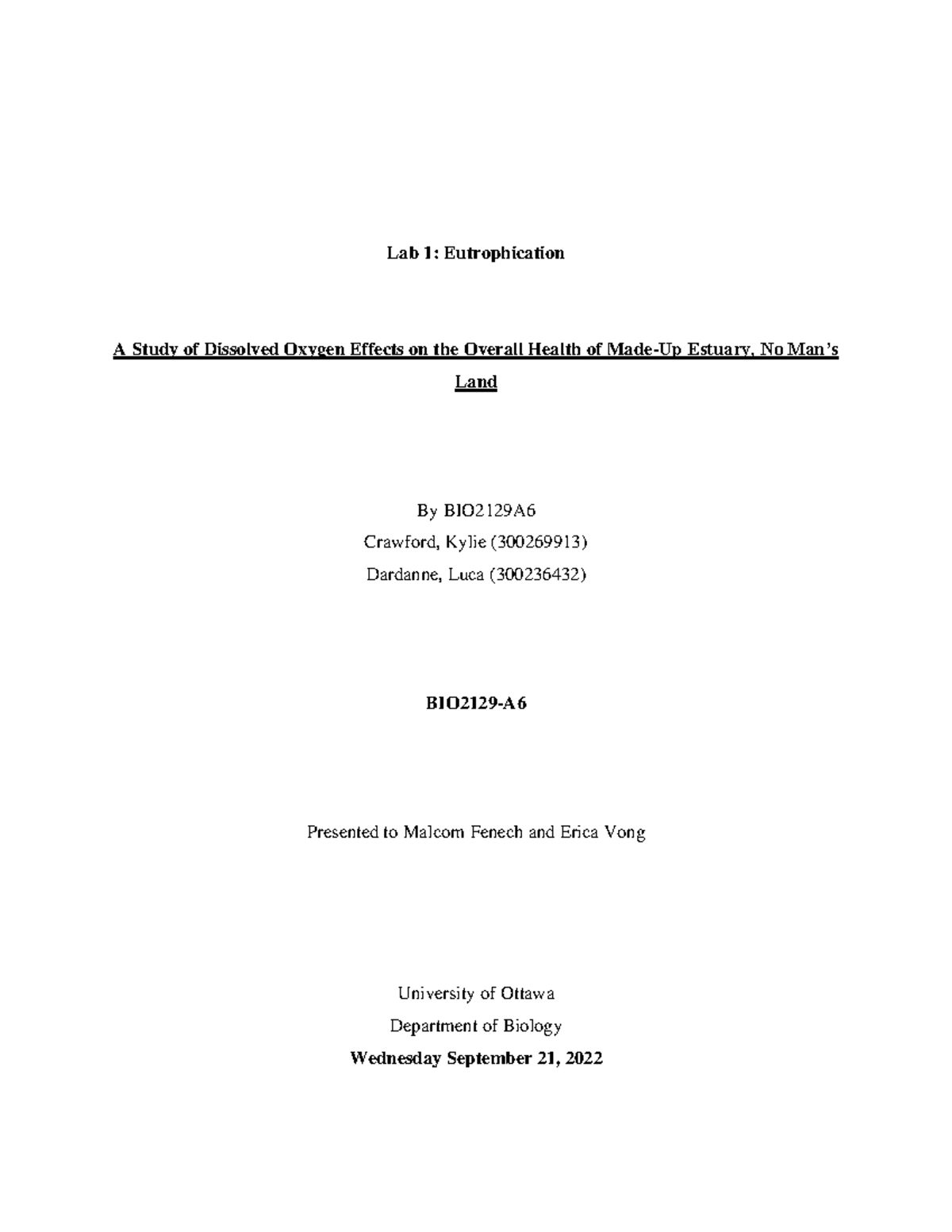 Lab 1-BIO2129 Ecology 2022 - Lab 1: Eutrophication A Study of Dissolved ...