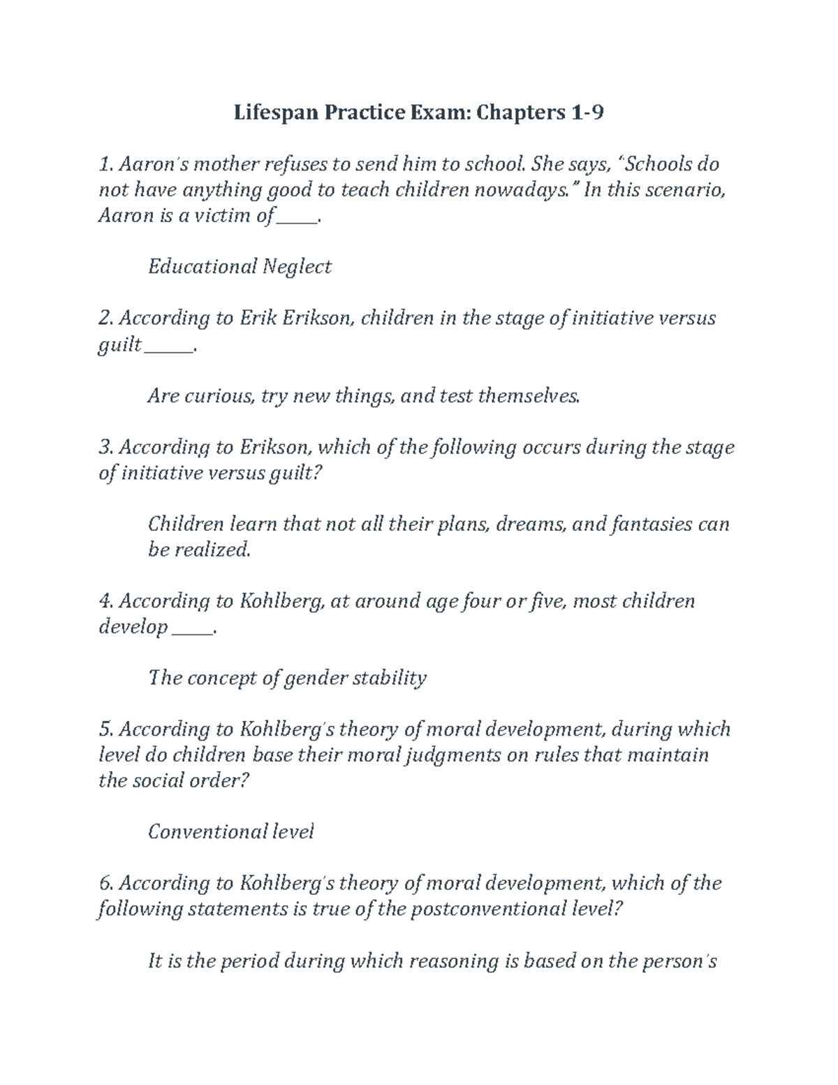 Lifespan Practice ExamChap 19 Lifespan Practice Exam Chapters 1