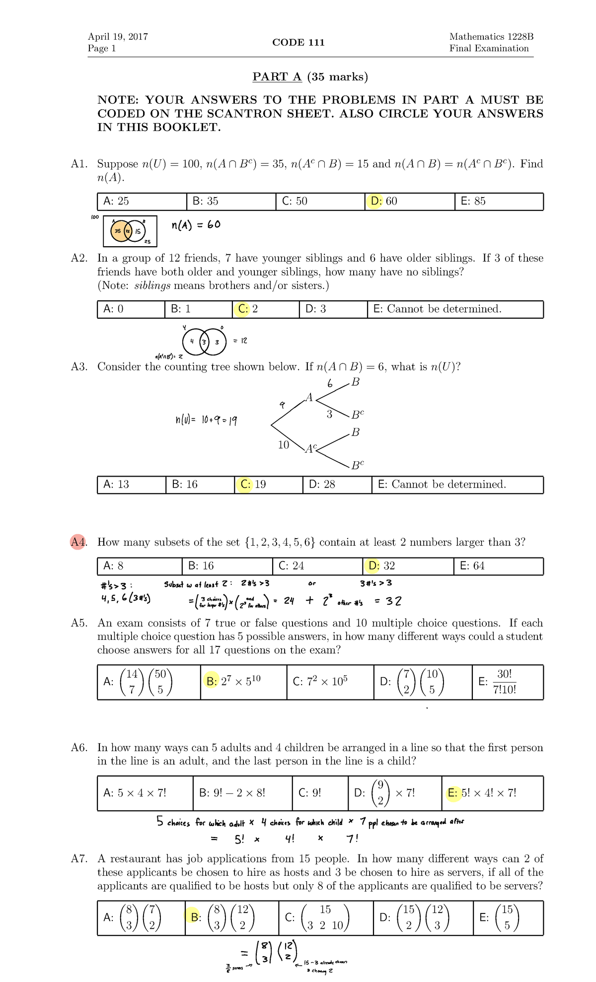 2017 Final Exam Filled Out - April 19, 2017 Page 1 CODE 111 Mathematics ...