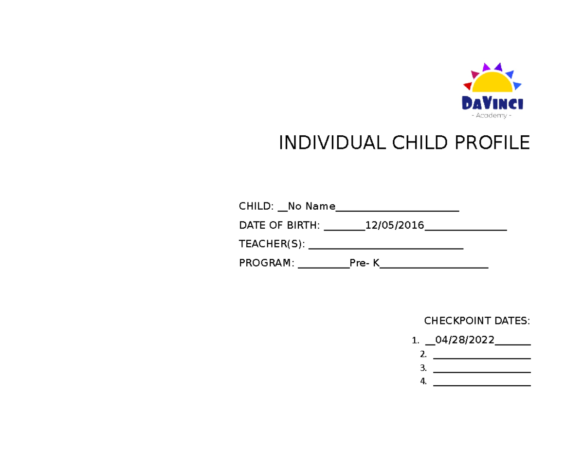 Five Year Old Assessment (1) - INDIVIDUAL CHILD PROFILE CHILD: No Name