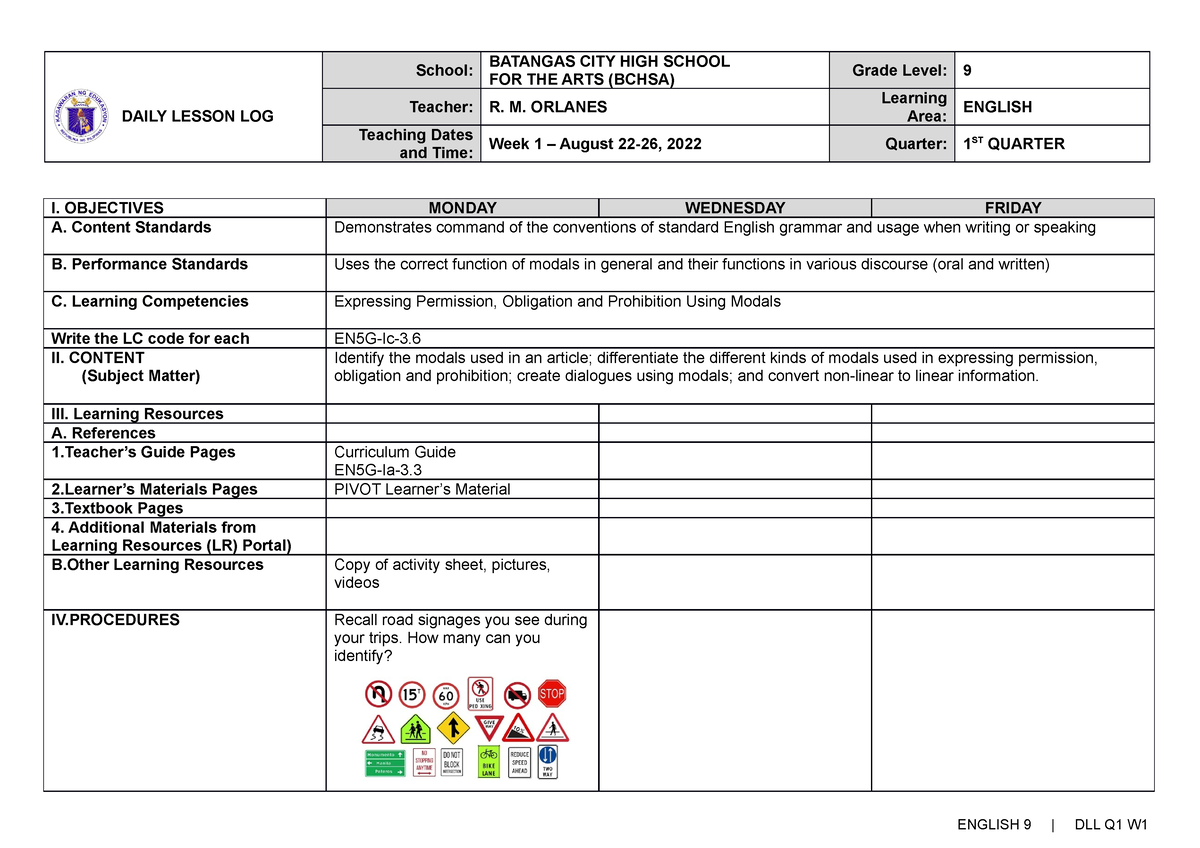 DLL English 9 Q1 W1 - Quarter 1 Week 1 - DAILY LESSON LOG School ...