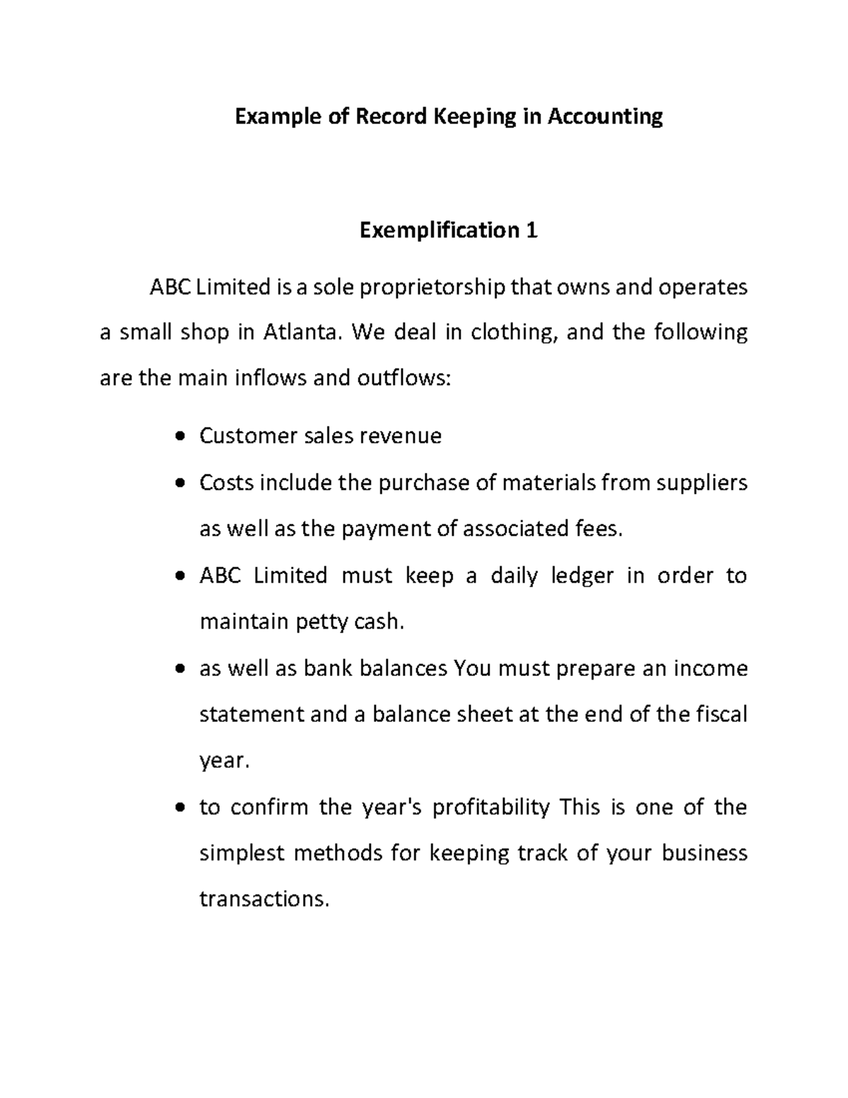 Example of Record Keeping in Accounting Example of Record Keeping in Accounting