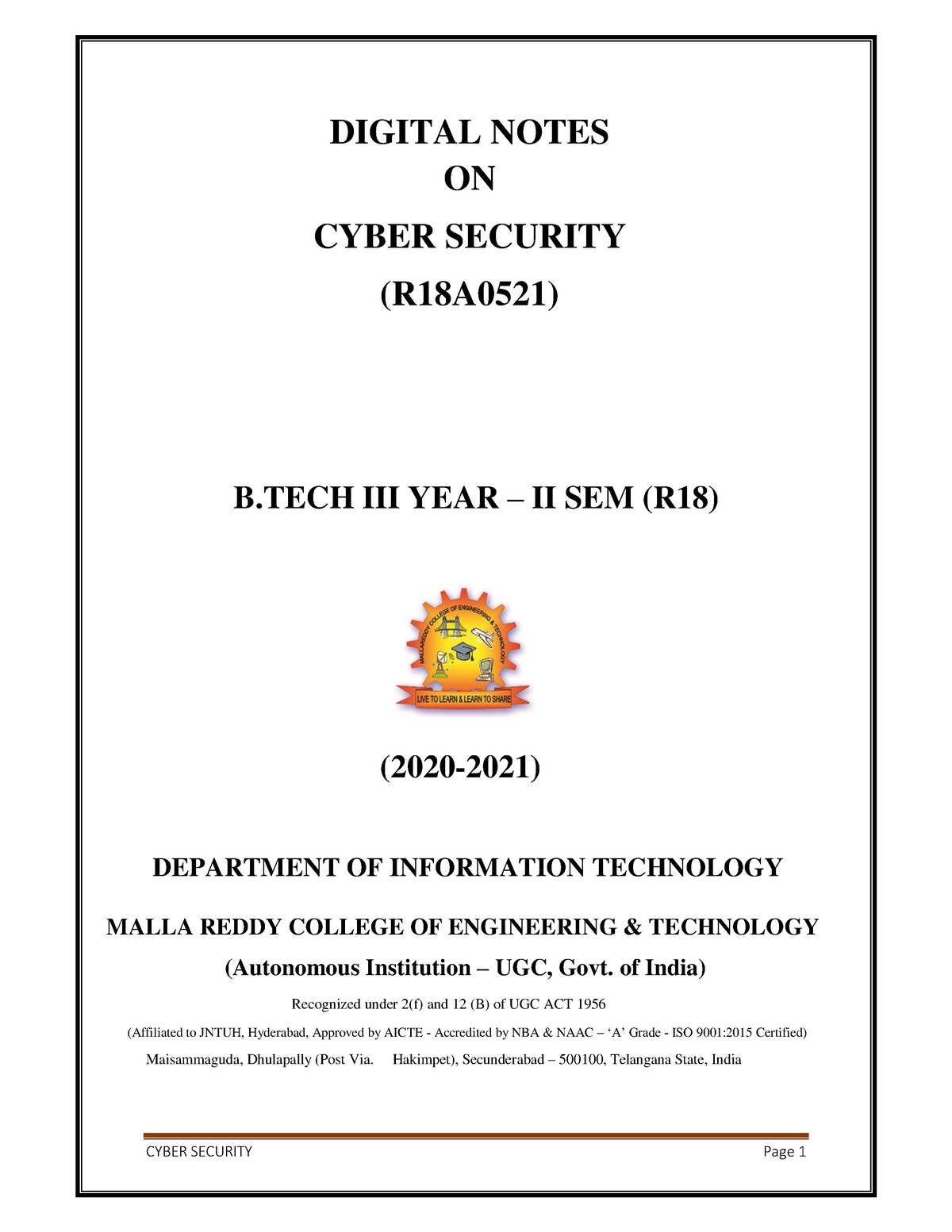 Cyber Security (R18A0521) - DIGITAL NOTES ON CYBER SECURITY (R18A0521 ...