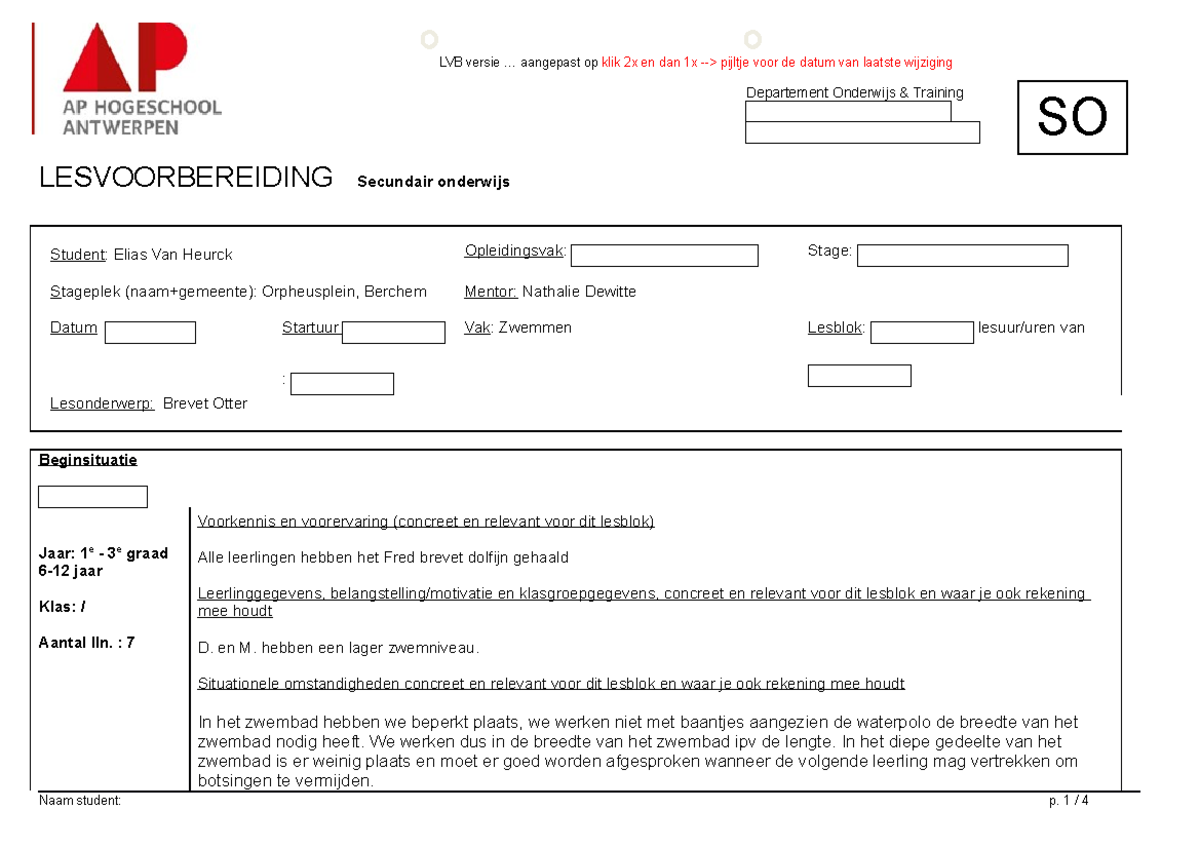 SO Lesvoorbereidingsformulier Volledig - Lichamelijke Opvoeding - AP ...