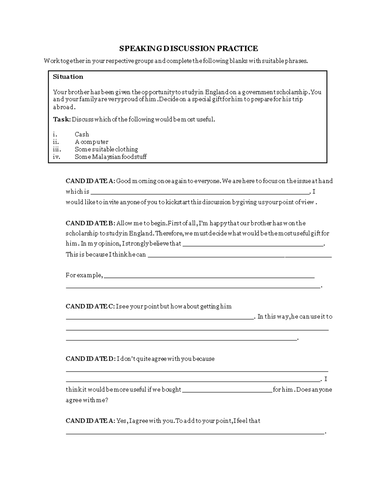 ELC151 Speaking Discussion Practice - SPEAKING DISCUSSION PRACTICE Work ...