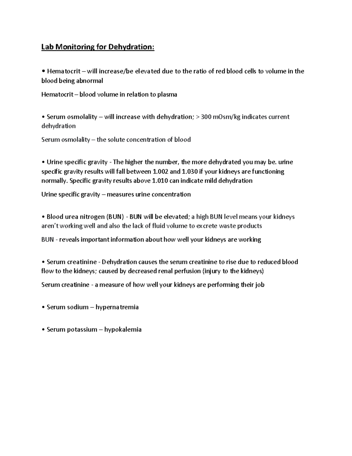 Labs for Assessing Dehydration Lab Monitoring for Dehydration
