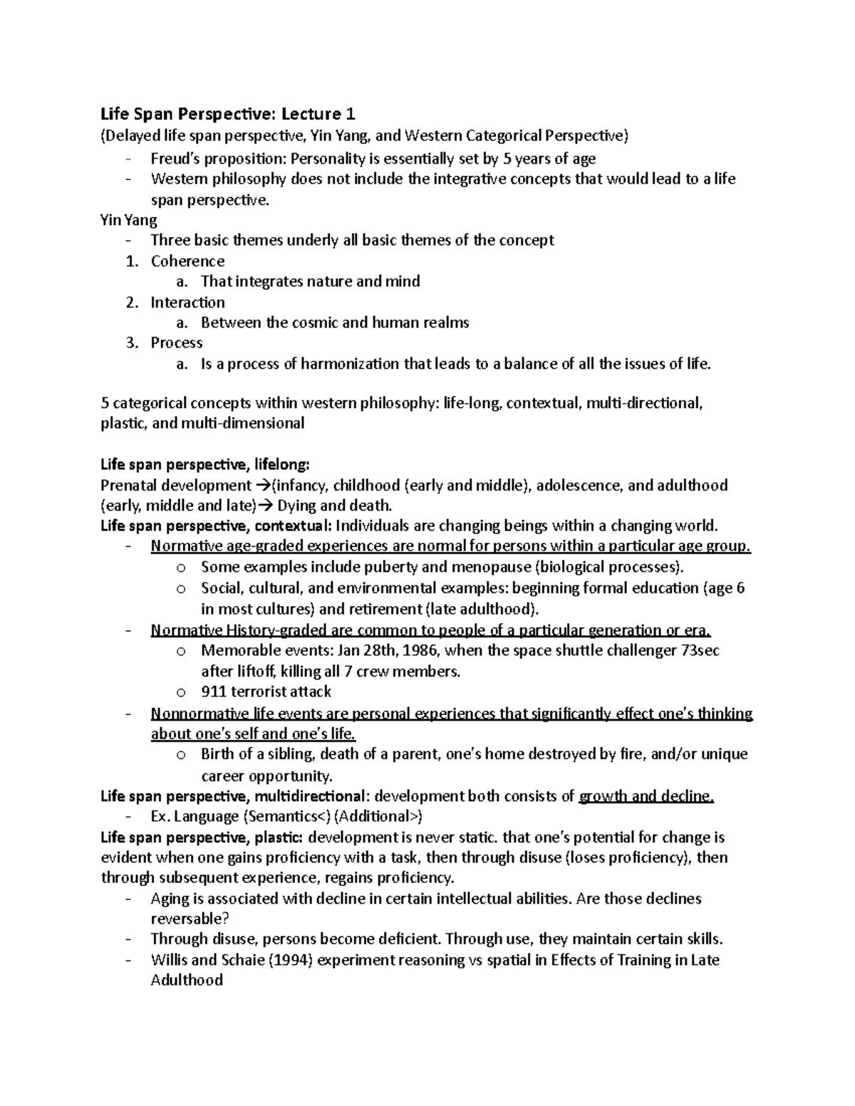 Psychology Week 1 Notes - Life Span Perspective: Lecture 1 (Delayed ...